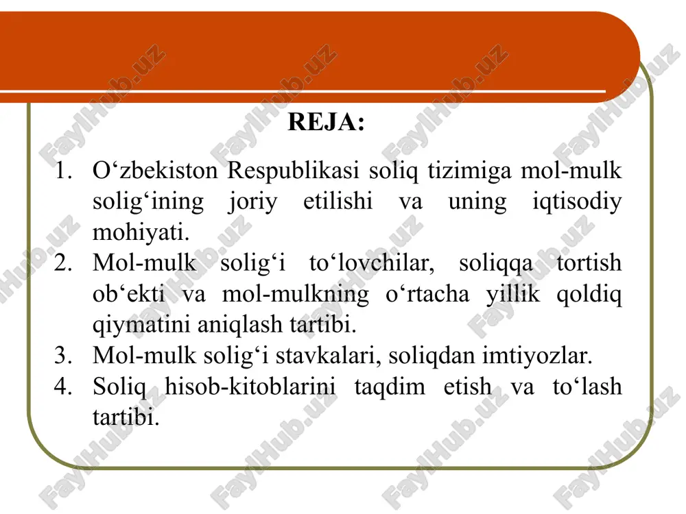 il 2013 yil 2014 yil 2015 yil davlat maqsadli jamg'armalarsiz daromadlar - jami 100 100 100 100 100 mol-mulk solig'i va resurs to'lovlari 15,1 14,3 13,3 15,0 15,0 mol-mulk solig'i 2,7 3,0 3,1 3,3 3,8 mol-mulk solig‘i to‘lovhilar yuridik shaxslarning mol-mulkiga solinadigan soliqni to'lovchilar quyidagilardir: -o'zbekiston respublikasi hududida soliq solinadigan mol-mulkka ega bo'lgan yuridik shaxslar - o'zbekiston respublikasining rezidentlari; -o'zbekiston respublikasida faoliyatni doimiy muassasa orqali amalga oshirayotgan va (yoki) o'zbekiston respublikasi hududida o'z mulkida ko'chmas mulkka ega bo'lgan yuridik shaxslar - o'zbekiston respublikasining norezidentlaridir. quyidagilar mol-mulk solig'ini to'lovchilar bo'lmaydi: - notijorat tashkilotlar. notijorat tashkilotlar tadbirkorlik faoliyatini amalga oshirgan taqdirda, ular yuridik shaxslarning mol-mulkiga solinadigan soliqni to'lovchilardir; - soliq solishning soddalashtirilgan tartibi nazarda tutilgan yuridik shaxslar. mol-mulk solig‘i to‘lovhilar mol-mulk solig‘i ob‘ekti quyidagi mol-mulklar soliq solish ob'ekti hisoblanadi: -asosiy vositalar, shu jumladan moliyaviy ijara (lizing) shartnomasi bo'yicha olingan asosiy vositalar; mol-mulk solig‘i ob‘ekti quyidagi mol-mulk soliq solish ob'ektidir: -tugallanmagan qurilish ob'ektlari …