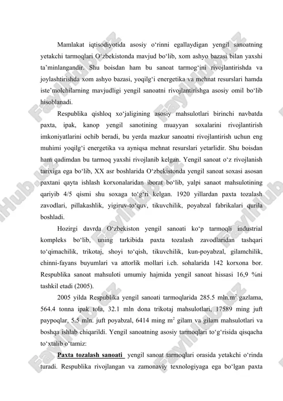 t poyabzal, 6414 ming m2 gilam va gilam mahsulotlari va boshqa ishlab chiqarildi. yengil sanoatning asosiy tarmoqlari to‘g‘risida qisqacha to‘xtalib o‘tamiz: paxta tozalash sanoati yengil sanoat tarmoqlari orasida yetakchi o‘rinda turadi. respublika rivojlangan va zamonaviy texnologiyaga ega bo‘lgan paxta tozalash sanoatiga ega. paxta tolasi 40 ga yaqin xorijiy mamlakatlarga, jumladan buyuk britaniya, belgiya, janubiy koreya, shveysariya, aqsh, turkiya va boshqa mamlakatlardagi vositachi firmalar orqali eksport qilinadi. dunyoda paxta yetishtirish bo‘yicha 5-o‘rinni, paxta tolasi eksporti bo‘yicha 2-o‘rinni (aqshdan keyin) egallaydi. dastlabki paxta tozalash zavodlari 1874 yilda toshkentda qurilgan, rossiyada paxta xom ashyosiga bo‘lgan talabni oshishi bilan o‘zbekistonda paxta tozalash yengil sanoati tez rivojlandi. 1885 yilda 9 ta, 1890 yilda 27 ta, 1914 yilda 208 paxta tozalash zavodlari ishladi. asta-sekinlik bilan paxtachilik g‘alla ekinlarini siqib chiqara boshladi. keyingi 80 yil davomida paxta tolasi ishlab chiqarish qariyib 10 martaga ko‘paydi. ayniqsa 1980 yilda eng ko‘p 1745,3 ming tonna paxta ishlab chiqarildi. natijada paxta …