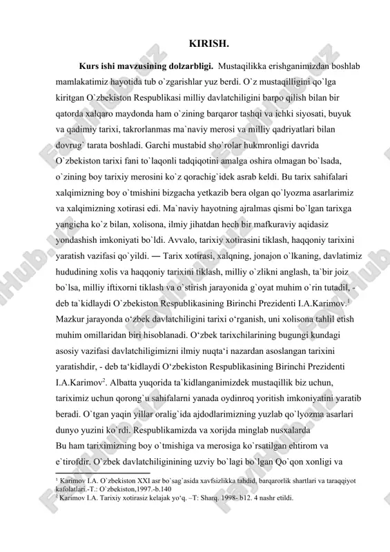 da ta`kidlanganimizdek mustaqillik biz uchun, tariximiz uchun qorong`u sahifalarni yanada oydinroq yoritish imkoniyatini yaratib beradi. o`tgan yaqin yillar oralig`ida ajdodlarimizning yuzlab qo`lyozma asarlari dunyo yuzini ko`rdi. respublikamizda va xorijda minglab nusxalarda [1: karimov i.a. o`zbekiston xxi asr bo`sag`asida xavfsizlikka tahdid, barqarorlik shartlari va taraqqiyot kafolatlari.-t.: o`zbekiston,1997.-b.140] [2: karimov i.a. tarixiy xotirasiz kelajak yo‘q. –t: sharq. 1998- b12. 4 nashr etildi. ] bu ham tariximizning boy o`tmishiga va merosiga ko`rsatilgan ehtirom va e`tirofdir. o`zbek davlatchiliginining uzviy bo`lagi bo`lgan qo`qon xonligi va undagi unvon hamda mansablar ushbu tarixiy qo`lyozma va manbalar asosida aniq dalillarga tayangan holda ochib berish,tahlil qilish tarix fani uchun dolzarb ahamiyatga egadir. yuqorida fikrlardan kelib chiqqan holda biz tanlagan kurs ishining qo`yilgan muammosi ham dolzarb ahamiyat kasb etadi. mavzuning tarixshunosligi qo‘qon xonligi tarixi chuqur tadqiq etilgan. dastlabki tarixchilari tomonidan xonlik tarixining turli sohalari dastlabki tasavvurlar va ayrim to`liq bo`lmagan ma`lumotlar asosida yoritib berilganligi bilan alohida xususiyatga ega. bunday tarixchilar …