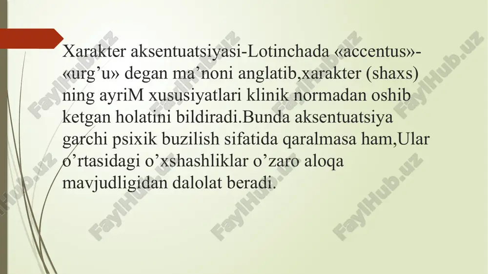 atologiyaning o’rni to’ldirilmaydi. yopiq aksentuatsiya-normaning odatiy holatda namoyon bo’lishi.xarakterning aksentuatsiyalangan jihatlari psixik jarohatlar sabab namoyon bo’lishi mumkin,ammo u sotsial dezadaptatsiyaga olib kelmaydi. xarakter aksentuatsiyasi tiplari xarakter aksentuatsiyasi bo’yicha izlanishlar natijasida uning bir nechta tiplari farqlangan va o'rganilgan.ilk aksentuatsiyaga oid tipologiyani 1968-yilda karl leongard yaratgan bo’lib,u ,asosan ,12 xil tipdan iborat bo’lgan. affektiv-labil •qoloq affektiv-ekzaltirlangan •introvert qo’zg’aluvchan •xavotirli demonstrativ •ekstravert distim •emotiv pedantik •gipertim xarakter aksentuatsiyasi tipologiyasi 1977-yilda a.y.lichko ham o’z aksentuatsiya tipologiyasini ishlab chiqqan,ammo uning tipologiyasi o’ziga xos bo’lib,faqatgina o'smirlar uchun ishlab chiqilgan edi: epileptik •psixoastenik isterik •konform gipertim •psixonevrotik sikloid •beqaror shizoid •sensitiv xarakter aksentuatsiyasi tipologiyasi karl leongard bo’yicha aksentuatsiya tiplariga quyidagicha ta’riflar berish mumkin: gipertim- faoliyatga va tajribaga intilish, nekbinlik, omadga e'tibor berish; distim - axloqiy jihatlarni, his-tuyg'ularni va qo'rquvni ta'kidlaydigan ichki holat, muvaffaqiyatsizlikka e'tibor berish; affektiv-labil (kuchli ifodalanganda "siklotimik") – gipertim va distim holatlarning davriy o'zgarishi; affektiv-ekzaltir - ilhom, his-tuyg'ularning kuchli ekanligi xavotirli - qo'rqoqlik,, kamtarlik emotiv …