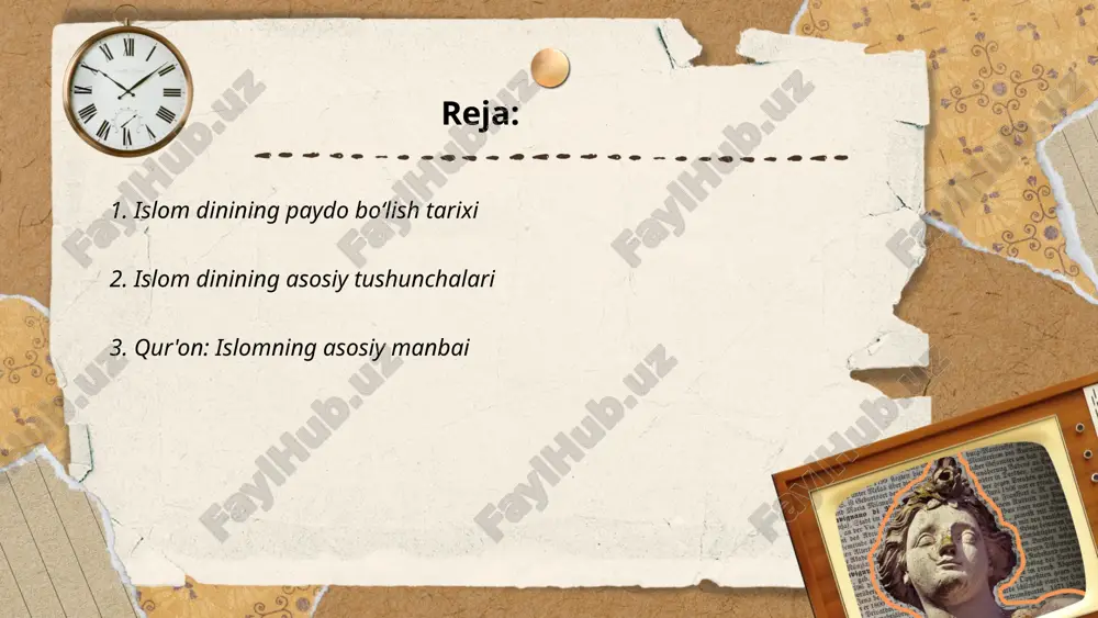 blanadi. u muhammad alayhissalomga 23 yil davomida nozil bo'lgan vahiylar to'plamidir. qur'on 114 suradan iborat bo'lib, umumiy 6236 oyatni o'z ichiga oladi. asli arab tilida bo'lgan qur'on islomiy qonunlar, axloqiy yo'riqnomalar va tarixiy darslarni o'zida mujassam etgan. u musulmonlar uchun ibodat va kundalik hayotning yo'l xaritasi hisoblanadi. qur'onning eng uzun surasi baqara surasi (286 oyat), eng qisqa suralari esa kavsar va asr suralaridir. qur'on musulmonlar tomonidan yodlash va tadqiq qilishda muhim o'rin tutadi. ... t.me/slaydai_bot 4. hadislar va sunnatlar hadislar va sunnatlar islom dinida muhammad payg'ambar (s.a.v) hayotidagi so'z va amallarini ifodalaydi. sunna - rasulullohning amaliyotlari va izohlari, hadislar esa bu amaliyot va izohlarning yozma shaklidir. buxoriy va muslim kabi mashhur hadis to'plovchilar islom olamida katta hurmatga ega. hadislar sahih (ishonchli), zaif (zaif) va mavzu (to'qilgan) kabi kategoriyalarga bo'linadi. sunna va hadislar qur'ondan keyingi ikkinchi muhim manba sifatida musulmonlar hayotida ahamiyatlidir. ular diniy, axloqiy va hayotiy prinsiplarni tushunishda va amalda …