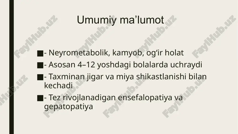 hi - erta diagnostika va intensiv yordam prognozni yaxshilashi mumkin oldini olish - bolalarda aspirindan foydalanmaslik - virusli infektsiyalar paytida simptomatik va xavfsiz antipiretiklar (paratsetamol, ibuprofen) ishlatish - oilaviy ma'lumot va sog‘liqni saqlash xabardorligi e’tiboringiz uchun rahmat image1.jpeg image2.jpeg image3.jpeg image4.jpeg /docprops/thumbnail.jpeg