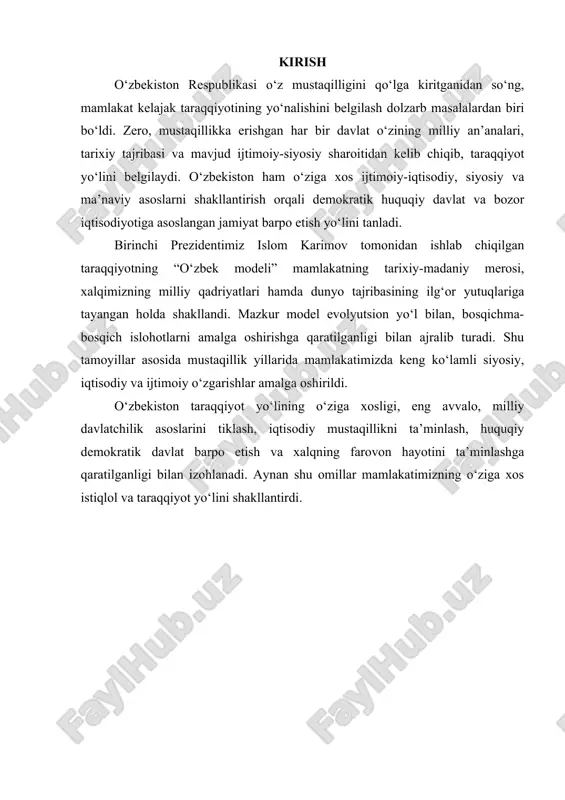 ishganidan so’ng, kelajakka qanday yo’ldan borishi masalasi kun tartibiga qo’yilgan eng dolzarb masalalardan biri bo’ldi. buning bir qator ob‘ektiv va sub‘ektiv sabablari mavjud. uning ob‘ektiv sabablaridan biri jahonda ijtimoiy-iqtisodiy rivojlanishning barcha davlatlarga mos keladigan biron-bir tayyor andozasining yo’qligi va bo’lishi ham mumkin emasligi edi. ikkinchi ob‘ektiv sabab-ma‘muriy buyruqbozlikka asoslangan tuzumga xos ijtimoiy munosabatlar va qoidalar endilikda respublikada barpo etilayotgan yangi ijtimoiy yo’naltirilgan, bozor iqtisodiyotiga asoslangan huquqiy demokratik davlat manfaatlariga mos kelmasligi edi. mulkchilik va uni boshqarish, ishlab chiqarishdagi inson omilini ortishini hisobga olgan holda dalatni boshqarishning butunlay yangi shaklini vujudga keltirish zarur edi. mustaqillikning demokratik asoslarini chuqurlashtirish va muvaffaqiyatli faoliyat yuritishi uchun o’zbekiston aynan shu yo’lni tutdi. natijada demokratiya mamlakatimiz miqyosida nazariyadan amaliyotga yoki mavhumlikdan «o’zbekiston modeli»ga aylandi. sobiq ittifoq doirasida aynan o’sha kezlarda suveren o’zbekistonning tashkil etilganligi milliy davlat qurilishidagi boy tajriba va an‘analarga tayangan holda xalqning o’z taqdiri va kelajagini belgilashdan iborat burchi, huquqi va shuningdek, o’sha davrdagi …