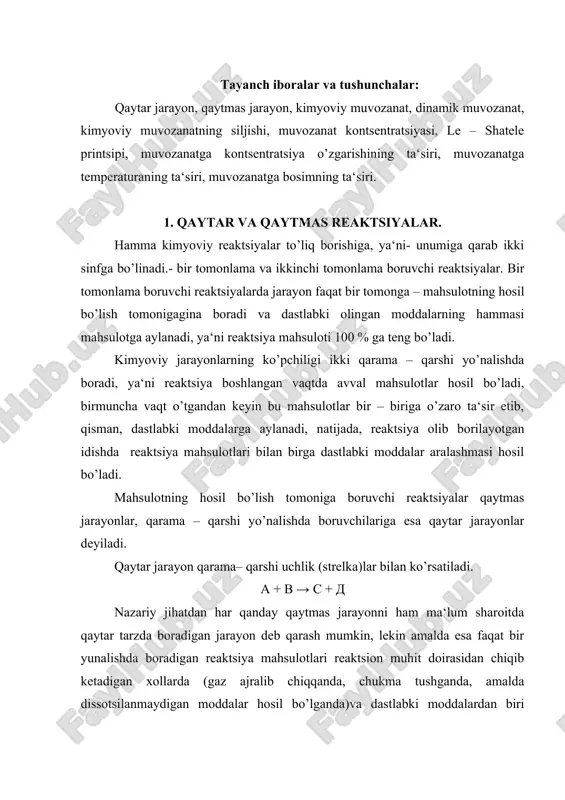 lotlari reaktsion muhit doirasidan chiqib ketadigan xollarda (gaz ajralib chiqqanda, chukma tushganda, amalda dissotsilanmaydigan moddalar hosil bo’lganda)va dastlabki moddalardan biri nihoyatda mo’l miqdorda olinib, qarama – qarshi jarayonning bir yo’nalishini tomomila to’xtatib quyilgan xollardagina yuz beradi. bariy xlorid eritmasiga natriy sulfat eritmasi quyilganda bariy sulfat cho’kmasining tushishi natriy karbonat eritmasiga xlorid kislota ta‘sir etganda karbonat angidrid gazining ajralib chiqishi va boshqalar kimyoviy qaytmas jarayonlar uchun misol bo’la oladi. bariy sulfatning cho’kishi amalda qaytmas jarayondir, chunki baso4 oz bo’lsada suvda eriydi. ammo, bertole tuzi kclo3 ning parchalanishi yoki qo’rg’oshin azid pb3 n2 ning parchalanishi odatdagi sharoitda mutlaqo qaytmas jarayonlardir. reaktsiya mahsulotlari, odatda, bir-biri bilan ta‘sirlashib, dastlabki moddalarni hosil qilishi mumkin. masalan, co2 bilan н2 qizdirilganda o’zaro reaktsiyaga kirishadi, natijada uglerod (ii) – oksid va suv bug’i hosil buladi. shu sharoitning o’zida со va suv bug’i o’zaro ta‘sirlashib dastlabki moddalar со2 va н2 ni hosil qiladi. ikkala reaktsiyani ham bitta umumiy tenglama …