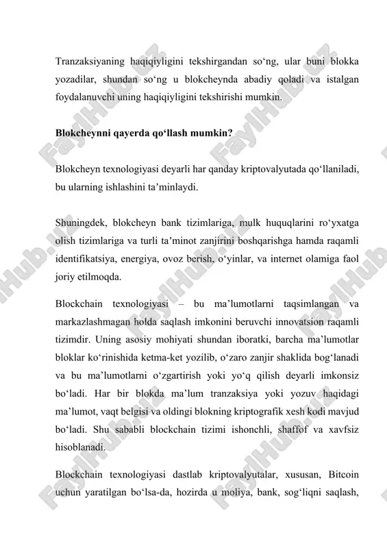 i mavjud bo‘ladi. shu sababli blockchain tizimi ishonchli, shaffof va xavfsiz hisoblanadi. blockchain texnologiyasi dastlab kriptovalyutalar, xususan, bitcoin uchun yaratilgan bo‘lsa-da, hozirda u moliya, bank, sog‘liqni saqlash, ta’lim, logistika, davlat boshqaruvi va boshqa ko‘plab sohalarda qo‘llanilmoqda. uning afzalliklari orasida ma’lumotlarni markaziy serverlarsiz saqlash, tranzaksiyalarning oshkoraligi, xavfsizlikning yuqoriligi va ishonchlilikning ta’minlanishi mavjud. masalan, bank tizimida blockchain vositasida pul o‘tkazmalari tezkor amalga oshiriladi va firibgarlik holatlari oldi olinadi. bundan tashqari, blockchain texnologiyasi “aqlli shartnomalar” (smart contracts) orqali ham keng qo‘llaniladi. aqlli shartnomalar – bu oldindan belgilangan shartlar bajarilganda avtomatik ravishda ishga tushadigan raqamli kelishuvlardir. bu jarayon inson omilini kamaytiradi va turli hujjatlashtirish ishlarini avtomatlashtiradi. blockchainning yana bir muhim jihati shundaki, u ma’lumotlarni bir necha tugunlarda (node) taqsimlab saqlaydi. bu esa tizimning barqarorligini oshiradi, chunki agar bitta tugunda nosozlik yuz bersa ham, qolgan tugunlarda ma’lumotlar saqlanib qoladi. shuning uchun blockchain texnologiyasi “markazlashmagan ma’lumotlar bazasi” sifatida qaraladi. xulosa qilib aytganda, blockchain texnologiyasi bugungi kunda …