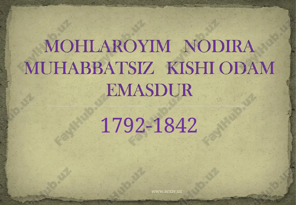 ww.arxiv.uz www.arxiv.uz man’i muhabbat na qilursan manga ramzi haqiqat erur ishqi majoz na gul sayr ayla, na fikri bahor et, jahondin kech, hayoli vasli yor et, muhabbatsiz kishi odam emasdur, gar odamsan, muhabbat ixtiyor et. www.arxiv.uz www.arxiv.uz www.arxiv.uz www.arxiv.uz 1822 yildan nodira ijodining 2-davri boshlanadi. bu davrda yaratilgan she’rlarida shoira bolalarining hayotidan bevaqt ketgan otasini qumsayotgan, hech bo’lmasa, tushida yana bir bor ko‘rishni orzu qilayotgan mushtipar ona qiyofasini, mahrum eri ruhini shod etishga intilayotgan sadoqatli ayol chehrasini ko’rish mumkin: nigori gulbadanimi tushimda ko’rsam edi, labi shakar shikanimni, tushimda ko’rsam edi. www.arxiv.uz www.arxiv.uz muashshar tarzida yozilgan. har biri o’n misradan iborat o’n bandda jami yuz satr mavjud. bosh motiv – hijron iztiroblarining kuchli izohi. g’oyaviy ruhi -1) asar vaznining uzunligini, ya’ni ramali musammani mahzufmi; 2) bandlarning katta-katta, ya’ni har biri o’n misradan iborat bo’lishi. g’am-kulfat, hijron azoblari ifodasi uchun shunday bosiq ohang zarur edi. bu – muashshar: hech kim, yo rab, …