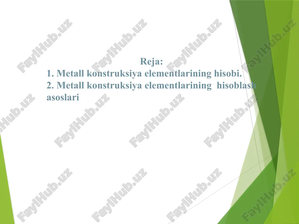 larga hisoblash, inshootni qurish yoke undan foydalanish davrining barcha bosqichlarida chegara holatlardan biror-tasining ham vujudga kelmasligini ta’minlaydi.. metall konstruksiya elementlari ma’lum bir tashqi yuklarni qabul qiladi va ularning ta’sirida cho’zilishga, siqilishga, egilishga, murakkab zo’riqqanlik holatlari va buralishga ishlashi mumkin. 1. markaziy cho’zilishga ishlaydigan elementlarni hisoblash. n birinchi chegaraviy holat bo’yicha mustahkamligi tekshiriladi cho’zilishga ishlaydigan elementlarning bikrligi quyidagicha tekshiriladi markaziy siqilgan elementlarning egiluvchi elementlar 1-masala: o’lchamlari a=0,8m, h=1m bo’lgan prizma shaklidagi temir-beton elementni po’lat sim orqali ko’tarilsa, po’lat simning diametri qancha bo’lishi lozim? yechilishi: 1. po’latning hisobiy qarshiligini aniqlaymiz 2. temir-beton elementning og’irlik kuchini aniqlaymiz: 3. po’lat simning yuzasini aniqlaymiz: 2-masala po’lat stropilo tom yopma fermaning quyi belbog’ elementlari cho’zilishga ishlaydi. ushbu element shvillerdan tayyorlanishi lozim. berilgan qiymatlar boyicha shvillerning talab etiladigan profil raqamini aniqlang. berilgan: yechish: 1.formuladan foydalanib elementning foydali kesim yuzasini aniqlaymiz 2. sortament jadvalidan shviller profil raqamini aniqlaymiz jadvaldan korinib turibdiki, biz aniqlagan qiymat №12 ga to’g’ri keladi. …