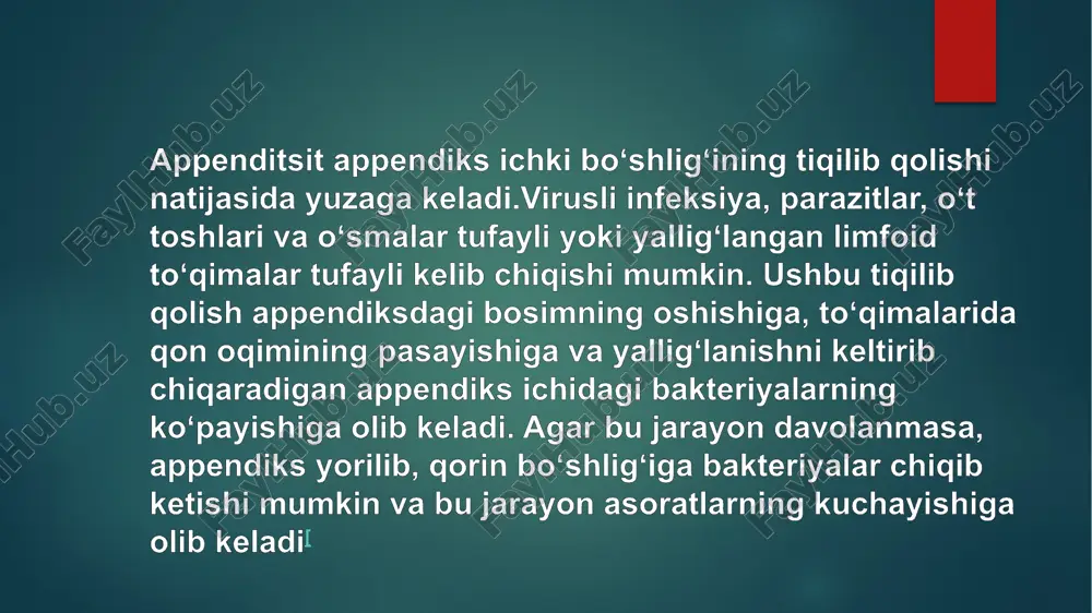 avom etishi appendiks devorlari ichidagi bosimning yanada oshishiga olib keladi. bosimning koʻtarilishi tromboz va mayda tomirlarning tiqilib qolishiga, limfa oqimining buzilishlariga sabab boʻladi. bu darajaga yetib kelganda appendiksning oʻz-oʻzidan tiklanishi kamdan-kam hollarda sodir boʻladi. appendiks qon tomirlarining tiqilib qolishi natijasida avval ishemiya, keyin esa nekrotik jarayon yuzaga keladi. bakteriyalar nekrozga uchragan appendiks devorlaridan chiqa boshlagach, atrofidagi toʻqimalar ham yiringlay boshlaydi. natijada sepsis, peritonit va kamdan-kam hollarda appendiksning yorilishi yuzaga keladi. ushbu jarayonlar rivojlangan sari asta-sekin qorindagi ogʻriq va boshqa belgilari paydo boʻla boshlayd qoʻzgʻatuvchi omillarga bezoarlar, yot jismlar, travma, ichak qurtlari limfadenit va koʻpincha appendikolitlar yoki fekalitkar deb ataladigan kalsifikatsiyalangan najas toshlari kiradi.qoʻzgʻatuvchi omillardan fekalitlar koʻproq diqqatni tortadi, chunki rivojlangan mamlakatlarda appenditsitga chalingan bemorlarni tekshirib koʻrilganda koʻpchiligida ushbu elementlar topilgan epidemiologiyasi: appenditsit koʻpincha 5 yoshdan 40 yoshgacha boʻlgan odamlarda uchraydi[35]. 2013-yilda bu kasallik butun dunyo bo‘ylab 72 000 kishining o‘limiga sabab bo‘lgan. bu koʻrsatkich 1990-yilda 88 000 tani tashkil etar …