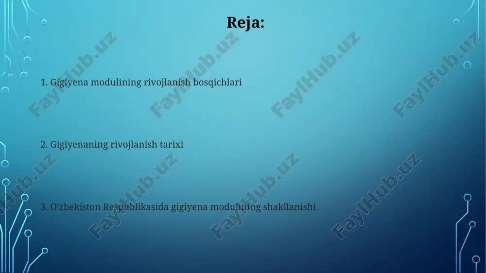 iqlashtirish, ichimlik suvi sifatini yaxshilash bo'yicha investitsiyalarni jalb qilish kerak. sanitariya-epidemiologiya xizmatining 2024-2028-yillarga mo'ljallangan strategiyasini ishlab chiqish, profilaktika tadbirlarining samaradorligini 30 foizga oshirishni nazarda tutadi. sovet davrida o'zbekistonda gigiena 1930-yillarda o'zbekistonda sanitariya-epidemiologiya stansiyalari tashkil etilib, aholi orasida gigiena bilimlarini targ'ib qilish va yuqumli kasalliklarga qarshi kurash olib borildi. 1950-1980-yillarda o'zbekistonda shahar va qishloqlarda suv ta'minoti, kanalizatsiya tizimlari kengaytirildi, bu esa aholi salomatligini yaxshilashga sezilarli ta'sir ko'rsatdi. xx asrda gigiena rivojlanishi xx asrda gigiena fanining rivojlanishi oqibatida sanitariya qoidalari va me'yorlari ishlab chiqildi, bu aholi salomatligini muhofaza qilishda muhim rol o'ynadi. xx asrda o'zbekistonda gigiena sohasida sezilarli yutuqlar erishildi, masalan, 1950-yillarda suv ta'minoti va kanalizatsiya tizimlarining kengayishi kasalliklarni kamaytirdi. gigiena rivojlanishi tarixiga kirish qadimgi misrda, miloddan avvalgi 3000-yillarda, tozalikka oid amaliyotlar, jumladan, muntazam cho'milish va kanalizatsiya tizimlarining ilk shakllari paydo bo'lgan, bu esa gigienaning boshlanishiga turtki bo'ldi. 19-asrda mikrob nazariyasining kashf etilishi gigiena rivojida burilish yasadi. bu davrda kasalliklarning sabablari aniqlanib, …