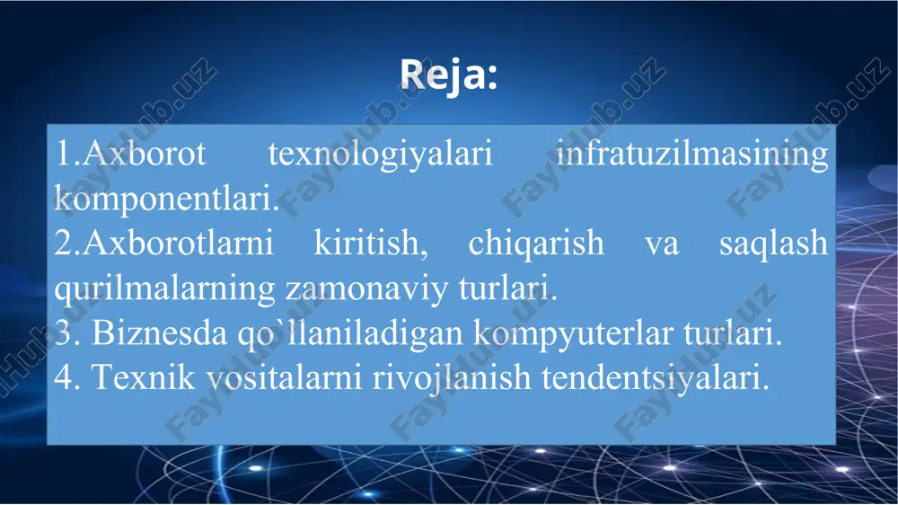 amalga oshiriladi axborot texnologiyalarini maqsadi - axborot olish ma`lumotlarni qayta ishlash texnologik jarayonlarining operatsiyalari axborot texnologiyalarining vositalari – hisoblash majmualari texnologik jarayonni boshqarish- tashkilot boshqaruvi axborot texnologiyalarini predmeti - ma`lumot texnologik jarayonni optimallik mezoni – foydalanuvchilarga axborotlarni o`z vaqtida etkazish, uning ishonchliligi, to`g`ri va to`liqligi axborot texnologiyalarining asosiy xususiyatlari axborot texnologiya-lari xususiyatlari maqsadlilik komponent-lar va strukturaning mavjudligi butunlik o'z vaqtida rivojlanish tashqi muhit bilan o'zaro bog'liqlik komponentlar va strukturaning mavjudligi funktsional komponentlar - bu jarayonlar aylanishidagi o`ziga xos tarkib va ma'lumotlarni qayta ishlash jarayonlarining o'ziga xos mazmuni (at axborot bazasi) axborot texnologiyalari tarkibi - bu o'zaro bog'liq bo'lgan at tarkibiy qismlarini aks ettiruvchi ichki majmua maqsadlilik zamonaviy kompyuter texnologiyalari, ma'lumotlar bazalari, turli xil kompyuter tarmoqlarini joriy etish orqali ishlab chiqarish samaradorligini oshirishdan iborat bo'lib, bu ma'lumotlarning samarali aylanishi va qayta ishlashiga imkon beradi. tashqi muhit bilan o'zaro bog'liqlik bu axborot texnologiyalarining boshqaruv ob'ektlari, tashqi korxonalar, tashkilotlar, shu jumladan iste'molchilar va …