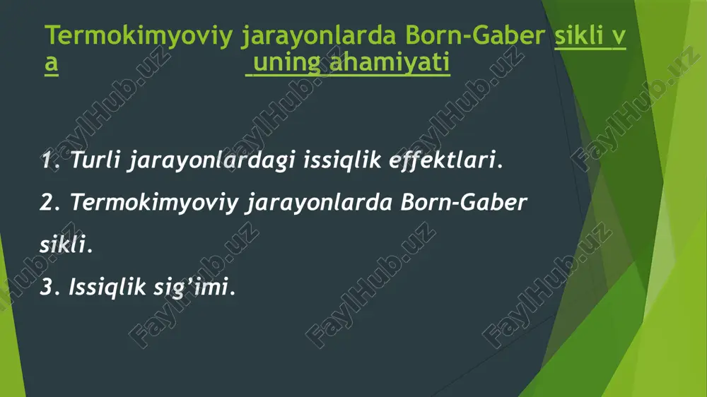 dalanadi, masalan, so3(g) + h2o(s) = h2so4(s) – δhp bu yerda, g – gaz, s – suyuq holatdir. molekulaning hosil bo’lish issiqlik effekti hosil bo’lish issiqligi δhh.b. ishorasi bilan belgilanib, quyidagicha ta‘rifga ega, ya‘ni 1 mol molekula oddiy moddalardan hosil bo’lganda ajralgan (yoki yutilgan) issiqlik miqdoridir. reaksiyaning issiqlik effektini (δhр ni) – kimyoviy reaksiyalarda ajralgan (yoki yutilgan) issiqlikni va umuman, turli jarayonlar – erish, bug’lanish, kristallanish va xokazolarning issiqlik effektini muayyan ma‘lumotlar asosida gess qonuniga muvofiq hisoblab topish mumkin. yuqorida bayon etilgan issiqlik effektlari orasida reaksiyaning issiqlik effekti amaliy ahamiyatga egadir. yonish issiqligi esa yoqilg’i moddalar (neft mahsulotlari, ko’mir va hokazo) uchun ahamiyatlirdir. hamma reaksiyalarning issiqlik effektini ma‘lumotnomalarda keltirish juda katta hajmni oladi, ba‘zi reaksiyalarning issiqlik effektini tajribada aniq o’lchash juda qiyin yoki o’lchash mumkin bo’lmaydi. shunga ko’ra, reaksiyaning issiqlik effektini molekulaning hosil bo’lish issiqlik effekti yoki yonish issiqlik effektlaridan foydalanib gess qonuni asosida hisoblash mumkin. ko’p moddalar uchun molekulaning …