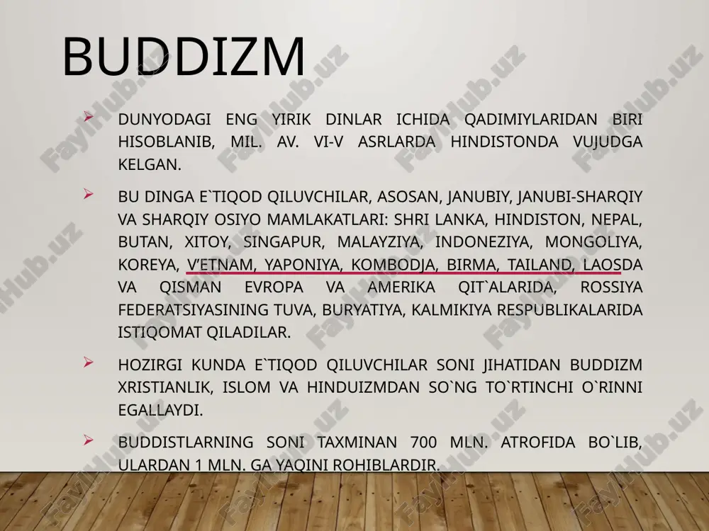 ta rohib bilan qishloqma-qishloq kezib yuradi. shu asnoda siddxartxa bir narsaga amin bo`ldi: bu yo`l uni o`z oldiga qo`ygan maqsad, ya`ni insoniyatni azob-uqubatdan qutqarish sari olib bormaydi va u rohiblar jamoasidan ajraladi. birmuncha vaqt changalzor o`rmonlarda kezib, xorib charchagach, bir daraxtning tagida dam olish uchun o`tiradi, va o`zicha, to haqiqatni topmaguncha shu erdan turmaslikka qaror qiladi. bu o`tirishning 49 kuni uning qalbidan «sen haqiqatni topding» degan sado keladi shu ondan u budda – nurlangan deb ataldi. u tagida o`tirgan daraxt esa – nurlangan daraxt (botxa) deb atala boshladi. budda o`zining birinchi da`vatini varanasi yaqinidagi rishipatana bog’ida, o`zining besh rohib do`stlariga qildi va ular buddaning birinchi shogirdlari bo`ldilar. budda hayot vaqtida budda 40 yil mobaynida hindistonning turli joylarida bo`ladi, odamlarga o`z g’oyalarini etkazadi, singdiradi va 80 yoshida kushtnagara degan joyda dunyodan o`tadi. uning jasadi, hind udumiga ko`ra, kuydirilib, xoki 8 ta buddist jamoalariga bo`lib yuborildi va har bir jamoa uni dafn …