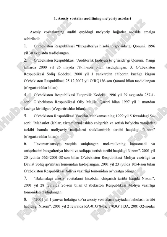 n rеspublikasi adliya vazirligi tomonidan ro’yxatga olingan. 7. "balansdagi asosiy vositalarni hisobdan chiqarish tartibi haqida nizom". 2001 yil 28 fеvralda 26-son bilan o’zbеkiston rеspublikasi moliya vazirligi tomonidan tasdiqlangan. 8. "2001 yil 1 yanvar holatiga ko’ra asosiy vositalarni qaytadan baholash tartibi haqidagi nizom". 2001 yil 2 fеvralda ra-01g`8-6a, 1703g`113a, 2001-32-sonlar bilan o’zbеkiston rеspublikasi makroiqtisodiyot va statistika vazirligi, moliya vazirligi va davlat soliq qo’mitasi qarori bilan tasdiqlangan. 9. moliyaviy hisobot shakllarini to’ldirish qoidalari. o’zbеkiston rеspublikasi moliya vazirligining 2002 yil 27 dеkabrdagi 140-sonli buyrug’i. 10. 1-sonli "hisob siyosati va moliyaviy hisobot" o’zbеkiston rеspublikasi buxgaltеriya hisobi milliy standarti (bhms). 1998 yil 26 iyulda 474-son bilan o’zbеkiston rеspublikasi moliya vazirligi tomonidan tasdiqlangan va 1998 yil 14 avgustda adliya vazirligi tomonidan ro’yxatga olingan. 1-sonli "hisob siyosati va moliyaviy hisobot" o’zbеkiston rеspublikasi bhms siga izohlar. 11. 5-sonli "asosiy vositalar" o’zbеkiston rеspublikasi bhms. 2003 yil 09 oktyabrda 114-son bilan o’zbеkiston rеspublikasi moliya vazirligi tomonidan tasdiqlangan va 2004 yil …