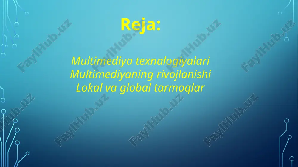 i. shuni aytib o’tish kerakki, kadrlarni qayta tayyorlash yo’lida jaxon valyuta fondi, umumjaxon banki, yevropa ittifoki komissiyasi kabi nufo’zli tashkilotlar katta tajribaga egadirlar.biz bunga, ushbu tashkilotlar tomonidan tashkil qilingan semi­nar va konferensiyalarning ishtirokchisi sifatida yana bir bor ishonch xosil qildik. avvalombor, o’quv jarayonida zamonaviy kom­pyuter texnologiyalaridan foydalanish taxsinga sazovordir. lokal, mintaqaviy va global tarmoqlar haqida kompyuterdan turli masalalarni hal qilishda foydalanish mumkin. axborot almashish uchun magnit va kompakt disklardan foydalanish yoki boshka kompyuterlar bilan umumiy ulanish kerak bo'ladi. kompyuterlarning o'zaro axborot almashish imkoniyatlarini beruvchi qurilmalar majmuiga kompyuter tarmoqlari deyiladi.tarmoqning asosiy imkoniyatlari tarmoqqa ulangan kompyuterlar va axborot ashyolariga bog'liq.axborot ashyolari deganda arxiv, kutubxona, fondlar, ma'lumotlar ombori va boshka axborot tizimlaridagi hujjatlar yig'indisi tushuniladi. tarmoqdagi kompyuterlarda saqlanayotgan axborot ashyolariga ushbu tarmoqqa ulangan boshqa kompyuterlar yordamida kirish mumkin. jamiyatning hozirgi bosqichda axborot texnologiyalarining rivojlanishini kompyuter tarmog'isiz tasavvur qilib bo'lmaydi.kompyuter tarmog'i - bu aloqa kanallari orqali yagona tizimga bog'langan kompyuter va terminallar majmuidir. tarmoq …