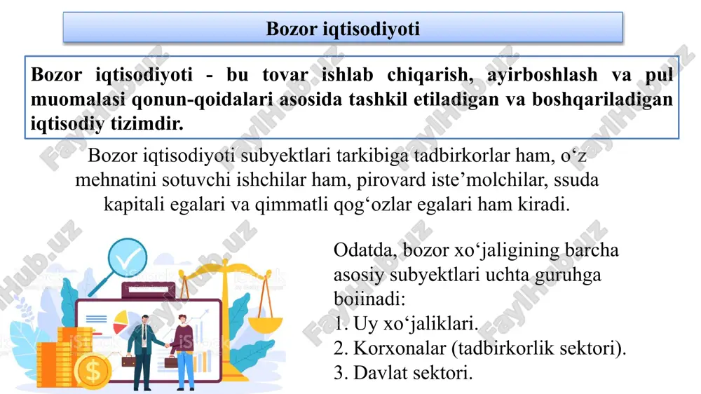 qt davomida shakllanib, g‘arbdagi rivojlangan mamlakatlarda xix asrning oxirlarigacha davom etib keldi. u iqtisodiy adabiyotlarda klassik yoki sof bozor iqtisodiyoti deb nom oldi. bozor iqtisodiyotining ikkinchi ko‘rinishi hozirgi zamon rivojlangan bozor iqtisodiyoti deb atalib, xix asming oxiri va xx asr boshlaridan buyon amal qiladi. bozor va uning vazifalari bozor tushunchasi bozor iqtisodiyotining muhim kategoriyasi bo‘lib, iqtisodiyot nazariyasida ham, xo‘jalik yuritish amaliyotida ham, barcha mamlakatlar tajribasida ham qo‘llaniladigan ilmiy-amaliy tushunchadir. bozor - ishlab chiqaruvchilar va iste’molchilar (sotuvchilar va xaridorlar) o‘rtasida pul orqali ayirboshlash jarayonida vujudga keladigan munosabatlar majmuasi. bozorning asosiy belgilari quyidagilardan iborat: - sotuvchi va xaridorlarning o‘zaro kelishuvi, ekvivalentlilik prinsipi asosida ayirboshlash; - sotuvchilarning xarajatlari qoplanib, foyda olishi; - to‘lovga layoqatli bo‘lgan xaridorlarning talabini qondirish va raqobatchilik. bozor mexanizmi - bozor iqtisodiyotining faoliyatini tartibga solishni va iqtisodiy jarayonlarni uyg‘unlashtirishni ta’minlaydigan dastak va vositalar. bozorning iqtisodiy mazmunini ochib berishda uning ob’yekti va sub’yektini ajratib ko‘rsatish lozim bo’ladi. bozor ob’yekti – ayirboshlash …
