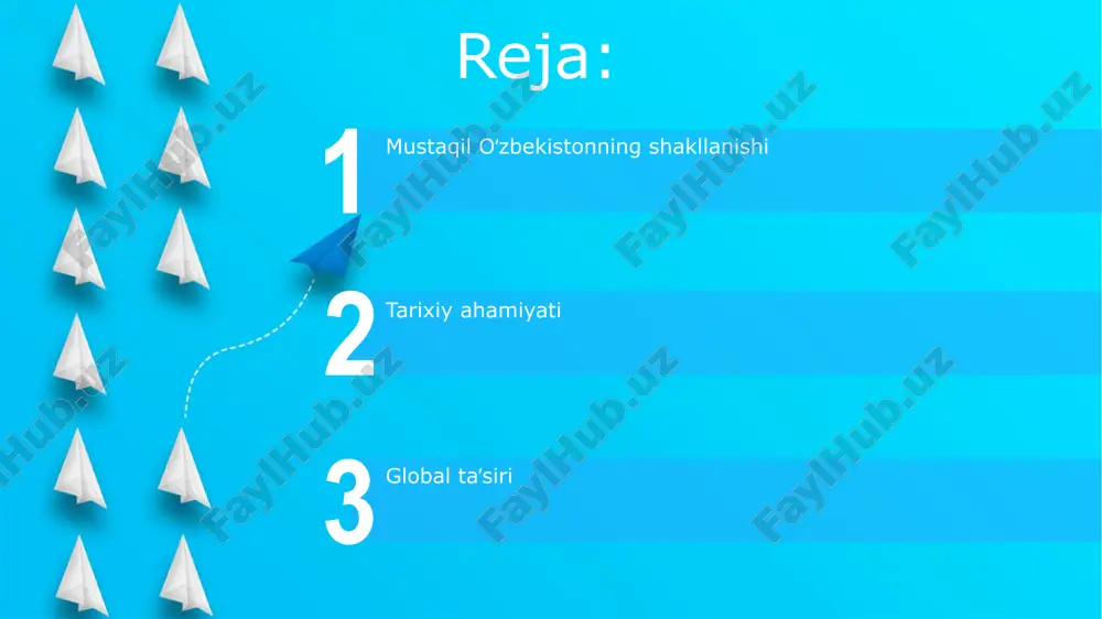 l oʻzbekistonning shakllanishiga olib kelgan omillar o'zbekiston kommunistik partiyasi ichidagi milliy ongli kadrlarning siyosiy kuchlari va ularning mustaqillik tarafdori bo'lgan harakatlari, mustaqillik jarayoniga sezilarli hissa qo'shdi. mustaqillikka olib kelgan muhim omillardan biri, 1980-yillar oxiridagi gorbachyovning "perestroyka" va "glasnost" siyosati edi, bu esa milliy uyg'onish va mustaqillik harakatlarini kuchaytirdi. 1991-yil 31-avgustdagi mustaqillik deklaratsiyasi start deklaratsiya matnida o'zbekistonning xalqaro huquq sub'ekti sifatida tan olinishi, o'zining davlat ramzlari, konstitutsiyasi va boshqa muhim davlat organlarini yaratish haqida bayon qilingan. mustaqillik deklaratsiyasi qabul qilinganidan so'ng, o'zbekiston bmtga a'zo bo'lib, dunyo hamjamiyatiga qo'shildi va 190 dan ortiq davlat bilan diplomatik munosabatlar o'rnatdi. kelajakdagi istiqbollar va rivojlanish yoʻllari davlat-xususiy sherikchilik modelini qoʻllash orqali infratuzilmani modernizatsiya qilish, 10 yil ichida 10000 km dan ortiq yangi yoʻl qurilishi rejalashtirilgan. raqamli iqtisodiyotni rivojlantirish boʻyicha milliy strategiya, 2025-yilga qadar internet foydalanuvchilar sonini 25 millionga yetkazish maqsadini oʻz ichiga oladi. davlat ramzlari va milliy madaniyatning tiklanishi 1991-yilda oʻzbekiston respublikasining davlat bayroғi, gerbi …