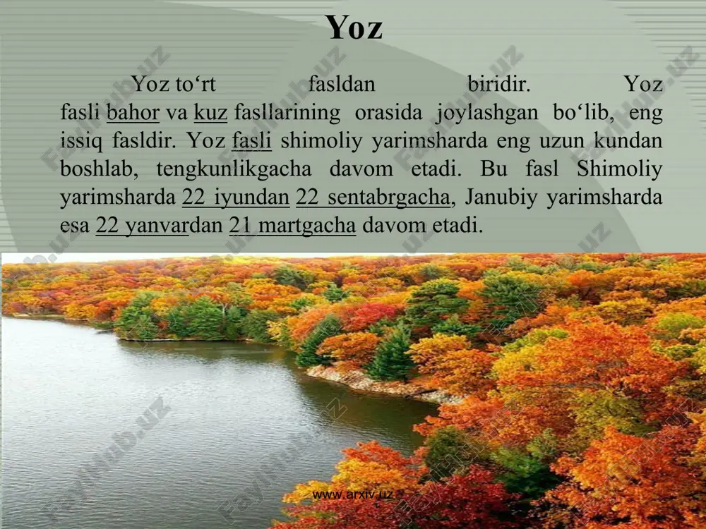 boshlaydi. www.arxiv.uz www.arxiv.uz qish qish toʻrt fasldan biri boʻlib, kuz va bahor fasllarining orasida joylashgan eng sovuq fasldir. qish fasli 3 oydan iboratdir. shimoliy yarimsharda: dekabr, yanvar va fevraldan, janubiy yarimsharda esa: iyun, iyul va avgustdan. bu faslda iqlim darajasi minusga qarab tusha boshlaydi. shu sababli sovuq yogʻingarchiliklar orta boshlaydi. www.arxiv.uz www.arxiv.uz qish — yil fasllaridan biri. moʻʼtadil mintaqalarda (shu jumladan, oʻzbekistonda) dekabr, yanvar va fevral oylarini oʻz ichiga oladi. q. faslining astronomik davomiyligi urtacha 89,0 sutkadan iborat. q.ning boshlanishi deb quyoshning qishki turish nuqtasidan oʻtishi kunlari (21 — 22 dekabr) qabul qilingan. oʻzbekistonda q. fasli xiyla sovuq keladi. eng sovuq oy — yanvarning oʻrtacha t-rasi tekisliklarda (ustyurt. churuk st-yasi) — 10°, jan. sharqda (temir, sherobod) 2—3°, mutlaq past t-ra jan.da —25°, —30° va shim. gʻarbda —35°, —38". lekin tekisliklarla q.da ham 15—20°, togʻlarda 5—10° gacha iliq kunlar boʻlib turadi (q. yil fasllari). www.arxiv.uz www.arxiv.uz www.arxiv.uz www.arxiv.uz bahor bahor fasli, …