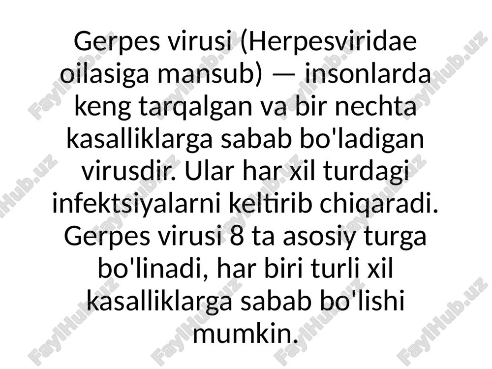 itet tizimining kamayishi yoki stress holatida faollashadi. immunitet pastlashganda virus yana faollashib, yangi infektsiyalarni keltirib chiqarishi mumkin. klinikasi (belgilar) hsv-1: labial gerpes (lablar va og'iz atrofidagi yara), og'riqli pufakchalar va yaralar. hsv-2: genital hududda og'riqli yara va pufakchalar. vzv (suvchechak): suvchechak. ebv: o'tkir mononukleoz (bosh og'rig'i, isitma, tomoq og'rig'i, shishgan bo'yin limfaylang). cmv: aslida ko'plab insonlarda simptomlar ko'rinmasligi mumkin, ammo immuniteti past bo'lganlarda og'ir kasalliklar keltirib chiqaradi. hhv-6: bolalarda roseola (katta harorat va terida qizil dog'lar). kshv: kaposi sarcoma va boshqa kasalliklar. клин. формы простого герпеса. абортивная форма. с малым количеством элементов. отечная форма, с гиперемией зостериформная- полосовидные высыпания локализуются на боковых участках тела и на ягодице. язвенно-эрозивная форма рецидивирующая форма- локализация сыпи встречается в промежности и на губах. по клин. течению герпес делятся на первичный и вторичный. первичный герпес встречается чаще у детей, так как нет противовирусного иммунитета. в основном протекает типичной формы. вторичный герпес возникает повторно, после перенесенной …