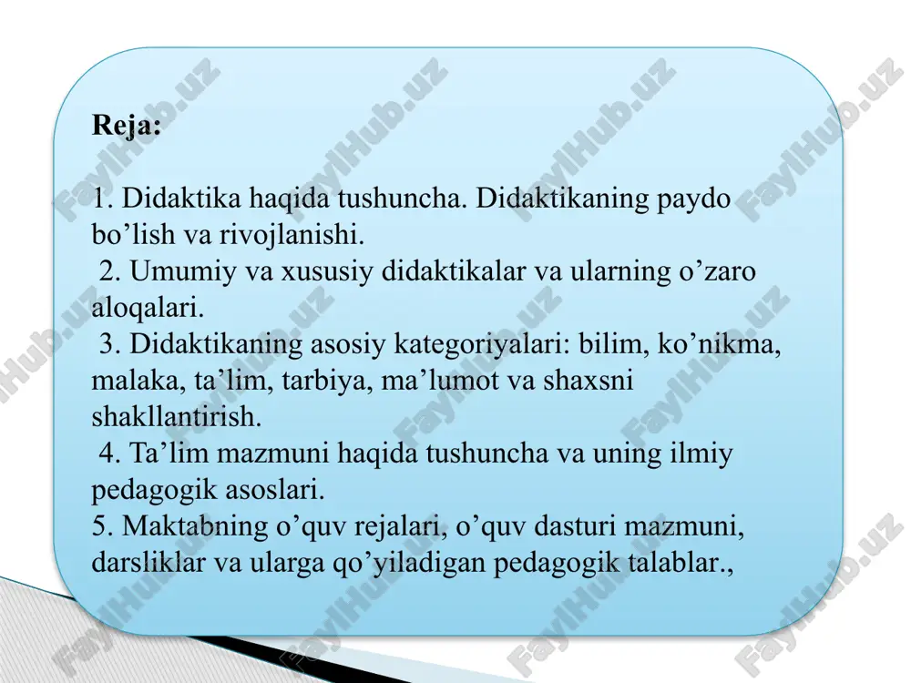 lari o’stiriladi. xususiy didaktika ya’ni bir fanni o’qitishining o’ziga xos xususiyatlarini o’rganadigan tarmog’i hisoblanadi. fanda xususiy didaktikani metodika ham deb yuritiladi. masalan, ona tili o’qitish metodikasi, ximiya o’qitish metodikasi, boshlang’ich ta’lim metodikasi singarilar. 7 umumiy didaktikaning predmeti dars o‘tish va bilim olishning o‘zaro bog‘liqligi va aloqadorligi hisoblanadi 8 o‘qituvchi faoliyati o‘quvchining o‘rganish faoliyati didaktikaning asosiy maqsadi, vazifasi, o’qituvchini o’qitishga doir ma’lumot, mahorat bilan, o’quvchilarni esa illiy bilimlar ko’nikma va malakalar tizimi bilan qurollantirishdan iboratdir. didaktikaning hozirgi davrida vazifalaridan biri oldingidek har tomonlama kamol topgan barkamol shaxsni shakllantirish bo’lib qolmoqda va shunday bo’lib qolaveradi. 9 "didaktika " atamasi ilk bor yevropada 17-a.da oʻqitish va taʼlim jarayoni haqida asarlar yaratgan olimlar tomonidan qoʻllanila boshlagan. chex pedagogi yan amos komenskiy oʻzining "buyuk didaktika" asari (1657)da bolalar va oʻsmirlarni maʼlumotli qilish va ularga taʼlim berishning didaktik jihatlarini ishlab chikdi. 10 11 nemis pedagogi adolf disterveg oʻzining "nemis oʻqituvchilarini maʼlumotli qilishga rahbarlik" (1834—35) asarida didaktikaning …