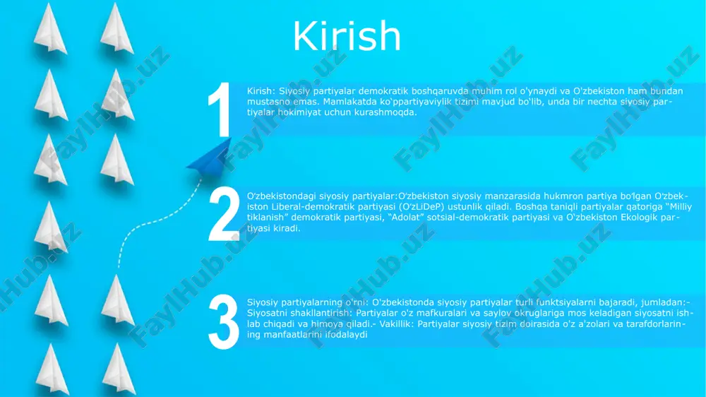 k partiyasi, “milliy tiklanish” demokratik partiyasi, “adolat” sotsial-demokratik partiyasi va oʻzbekiston ekologik harakati 1: tuzilishi va tarkibi - oliy majlis qonunchilik palatasi va senatdan iborat ikki palatali parlamentdir. qonunchilik palatasi 150 nafar, senat esa 100 nafar deputatdan iborat. 2: asosiy vazifalari – oliy majlis qonunlar qabul qilish, xalqaro shartnomalarni ratifikatsiya qilish, davlat byudjetini tasdiqlash bo‘yicha mutlaq vakolatlarga ega. shuningdek, u ijroiya hokimiyati, jumladan, prezident va hukumat ustidan nazoratni amalga oshiradi. o‘zbekiston xalq demokratik partiyasi (xdp) mafkura:- demokratik sotsializm va sotsial-demokratiya.- kuchli ijtimoiy farovonlik dasturlariga ega bozor iqtisodiyoti tarafdori.- koʻppartiyaviylik va qonun ustuvorligini rivojlantirishni qoʻllab-quvvatlaydi. tashkil etilgani:- 1991-yil noyabr oyida “oʻzbekiston xalq partiyasi” sifatida tashkil etilgan.- 1995-yilda “oʻzbekiston xalq demokratik partiyasi” sifatida qayta roʻyxatdan oʻtgan. a'zolik:- o'zbekistonning 18 yosh va undan katta bo'lgan barcha fuqarolari uchun ochiq.- a'zolik bazasi ishchilar, dehqonlar, ziyolilar va tadbirkorlarni o'z ichiga oladi.- qishloq joylarda va ishchilar sinfi orasida sezilarli ishtirokga ega. o‘zbekiston liberal-demokratik partiyasi (ldpu) tashkil …