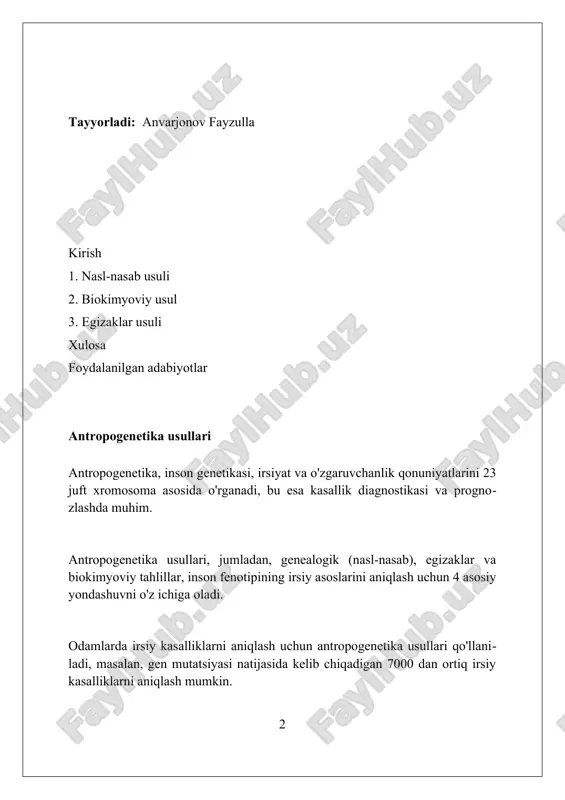 tibbiy genetika amaliyotida keng qo'llaniladi, nasliy kasalliklarni aniqlashda muhim rol o'ynaydi, masalan, autosoma-dominant kasalliklarni baholashda 50% xavfni ko'rsatadi. ushbu usul, oilaviy anamnezni to'plashni o'z ichiga oladi va 2-avloddan kamida 3-4 avlodgacha bo'lgan qarindoshlarning sog'lig'i haqida ma'lumotlar yig'iladi. genealogik usul, irsiy kasallik turini (autosoma-dominant, autosoma-retsessiv, jins bilan bog'liq) aniqlashda yordam beradi, shuningdek, gen tashuvchilarini aniqlashga imkon beradi. genealogik usul: afzalliklari va kamchiliklari genealogik usulning afzalligi – nasldan naslga o‘tuvchi 26 ta belgini (masalan, qon guruhi) aniqlash, kasallikning irsiy xususiyatini erta baholash imkonini beradi. usulning kamchiligi shundaki, genealogik ma’lumotlar 15-20% hollarda noto‘g‘ri bo‘lishi mumkin, chunki oilaviy tarix har doim ham xolis aks etmaydi. genealogik usul, ayniqsa, autosomal dominant kasalliklar (masalan, neyrofibromatoz 1) yoki x-bog‘langan retsessiv holatlarda (masalan, gemofiliya a) samarali hisoblanadi. biokimyoviy usul: kirish biokimyoviy usul 1902-yilda ser archi-bold garrod tomonidan kiritilgan, "metabolizmning tug'ma xatoliklari"ni o'rganishga asoslangan, genetik kasalliklarni aniqlash uchun muhimdir. ushbu usul, fermentlar va oqsillarning molekulyar tuzilishini tahlil qilish orqali …