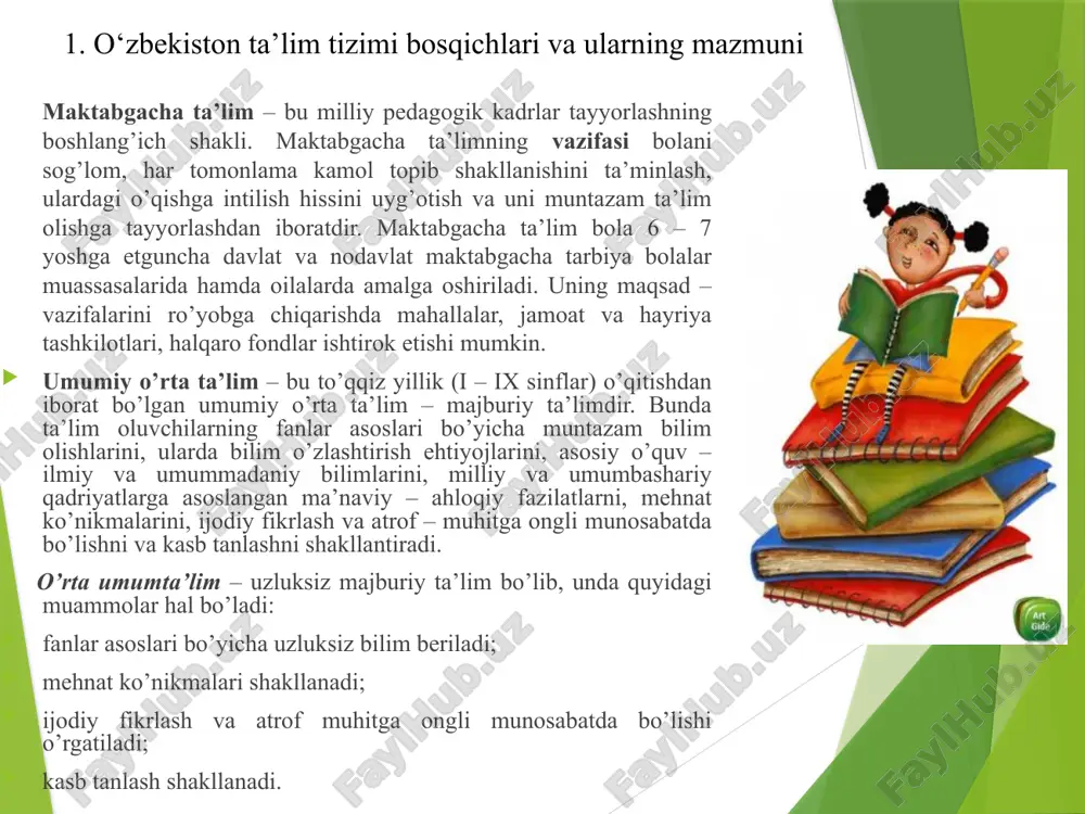 an boshlanadi. boshlang’ich ta’lim umumiy o’rta ta’lim olish uchun zarur bo’lgan savodhonlik bilim va ko’nikma asoslarini shakllantirishga qaratilgan boshlang’ich ta’lim sinflari uchun o’quv rejasi va dasturlari mavjud. boshlang’ich maktab – ta’lim oluvchilarga boshlang’ich umumiy ma’lumot beradigan umumta’lim ta’lim – tarbiya muassasasi. uning vazifasi – ta’lim oluvchilarga yozish, o’qish, hisoblash malaka va ko’nikmalarni hosil qilish, tabiat va jamiyat haqida ilk bilim berish, hulq – odobga o’rgatishdir. umumiy o’rta ta’lim tugallangandan keyin ta’lim fanlari va ular bo’yicha olingan baholar ko’rsatilgan holda davlat tomonidan tasdiqlangan namunadagi attestat beriladi. o’rta mahsus, kasb – hunar ta’limi. umumiy o’rta ta’lim negizida o’qish muddati 3 yil bo’lgan majburiy o’rta mahsus, kasb – hunar ta’limi uzluksiz ta’lim tizimidagi mustaqil turdir. o’rta mahsus, kasb – hunar ta’limi tizimi yo’nalishi – akademik litsey yoki kasb – hunar kolleji o’quvchilar tomonidan ihtiyoriy tanlanadi. akdemik litsey dts ga muvofiq o’rta mahsus ta’lim beradi, o’quvchilarning imkoniyatlari va qiziqishlarini hisobga olgan holda ularning jadal …