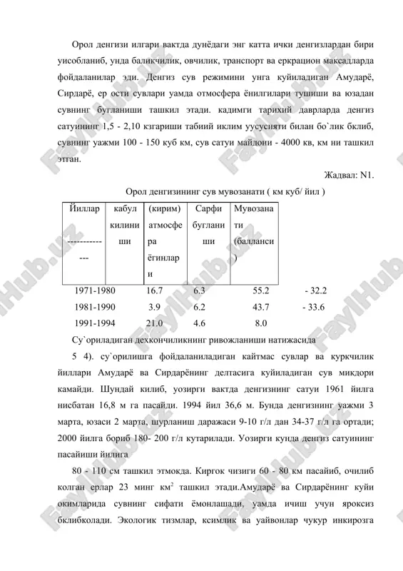 тошаввкз вилочтлари киради. орол ва орол бкйида содир булаётган жадал равишдаги чулланиш уодисаси дунё тажрибасида учратилмаган. шунинг учун уам микдор ва сифат жихатидан бахолаш анча кийинчиликалрга дуч келмокда. денгиз тубининг очилиши ва дарё делгталарининг куриши уисобига чкл майдонлари кенгаймокда. очилиб колган 1 млн га майдон юзаси майда туз заррачалари билан копланиб янги шаклдаги кум копламларини уосил килади. шундай килиб, марказий осиё уудудида кум, туз айрозоналарини шамол ёрдамида кучириб юрувчи кучли янги манба вужудга келди. дастлабки махлумотларга караганда йилига атмосферага 100-150 млн. тоннагача чанг - тузон кутарилиши мумкин. денгиз тубидан кутарилганчанг - туз тузони атмосфера ифлосланиши 5% уам ортиб юбормокда чанг - тузонларнинг атмосферага кутарилиши 1 марта 1875 йили космосдан ккзатилган. чанг - тузон узунлиги - 400 км, эни эса 40 км бклиб, радиуси 300 км ташкил этади. тузларнинг ер юзасида ёгилиши натижасида пахтанинг уосилдорлиги 5 - 15 % шолининг эса 3-6 % пасайиб кетди. орол бкйига ёгилаётган чанг - туз …
