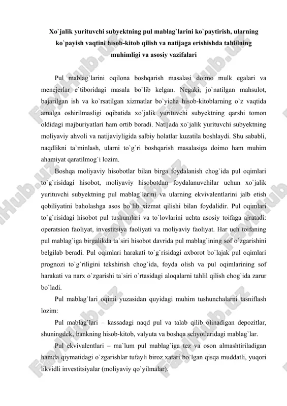 l tushumlari va to`lovlarini uchta asosiy toifaga ajratadi: operatsion faoliyat, investitsiya faoliyati va moliyaviy faoliyat. har uch toifaning pul mablag`iga birgalikda ta`siri hisobot davrida pul mablag`ining sof o`zgarishini belgilab beradi. pul oqimlari harakati to`g`risidagi axborot bo`lajak pul oqimlari prognozi to`g`riligini tekshirish chog`ida, foyda olish va pul oqimlarining sof harakati va narx o`zgarishi ta`siri o`rtasidagi aloqalarni tahlil qilish chog`ida zarur bo`ladi. pul mablag`lari oqimi yuzasidan quyidagi muhim tushunchalarni tasniflash lozim: pul mablag`lari – kassadagi naqd pul va talab qilib olinadigan depozitlar, shuningdek‚ bankning hisob-kitob, valyuta va boshqa schyotlaridagi mablag`lar. pul ekvivalentlari – ma`lum pul mablag`iga tez va oson almashtiriladigan hamda qiymatidagi o`zgarishlar tufayli biroz xatari bo`lgan qisqa muddatli, yuqori likvidli investitsiyalar (moliyaviy qo`yilmalar). pul oqimlari – pul mablag`lari hamda ular ekvivalentlarining oqimi (tushumi) va chiqimi (sarflanishi, chiqishi)dan iborat. pul oqimlari to`g`risidagi hisobot – hisobot davrida pul mablag`i oqimlarini batafsil ko`rsatuvchi ko`rsatkichlar yig`indisi. operatsion faoliyat – xo`jalik yurituvchi subyektning daromad keltiruvchi asosiy …