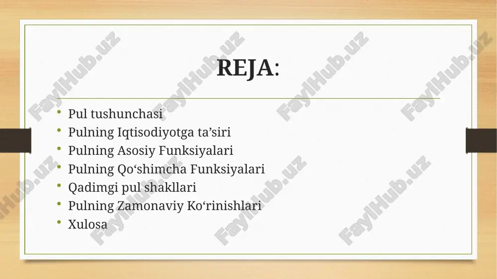 ki pul-kredit siyosati yordamida inflyatsiyani nazorat qiladi. 💰 investitsiyalar va moliyaviy bozorlar pul investitsiyalarni rivojlantirishda asosiy rol o‘ynaydi. pul-kredit siyosati bank foiz stavkalariga ta’sir qilib, iqtisodiyotning rivojlanishiga yoki susayishiga sabab bo‘lishi mumkin. pulning asosiy funksiyalari to‘lov vositasi pul mahsulot va xizmatlar uchun to‘lov vositasi sifatida ishlatiladi. misol uchun: ish haqi, soliq, kredit to‘lovlari. ayirboshlash vositasi pul barter tizimining o‘rnini egallagan va mahsulotlar o‘rtasidagi ayirboshlash jarayonini osonlashtiradi. qiymat o‘lchovi pul barcha tovar va xizmatlarning umumiy o‘lchov birligidir. masalan, bir mahsulotning narxi boshqa mahsulot bilan solishtirish imkoniyatini beradi. jamg‘arish vositasi pul vaqt o‘tishi bilan o‘z qiymatini saqlaydi va kapital to‘plash imkonini beradi. pulning qo‘shimcha funksiyalari likvidlik--pulning asosiy xususiyatlaridan biri – u istalgan vaqtda tovar yoki xizmatga ayirboshlanishi mumkin. narxlarni barqarorlashtirish--pul to‘g‘ri boshqarilganda iqtisodiy barqarorlikni saqlashga yordam beradi. investitsiya vositasi--pul moliyaviy bozorlar va bizneslarni rivojlantirish uchun investitsiya sifatida ishlatiladi. kredit tizimining asosi--pul banklar va kredit muassasalari orqali moliyaviy resurslarni taqsimlashda ishlatiladi. qadimgi pul …