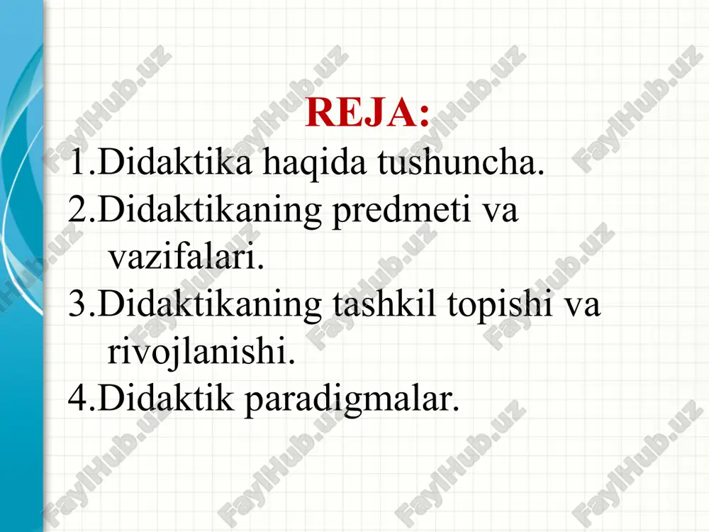 toy, misr va markaziy osiyo davlatlarida rivoj topgan. bu so`z 1613 yili germaniyada nemis pedagogi volfgang ratke (1571-1635) tomonidan kiritilgan. bu tushunchani shunga o`xshash usulda buyuk chex pedagogi yan amos komenskiy (1592-1670) “buyuk didaktika” nomili mashgur asarida tilga olindi. lekin komenskiy “didaktika bu faqat ta`limgina emas, balki tarbiyalash ham”, -deb ta`kidlaydi. mazkur asarda olim ta`lim nazariyasining muhim masalalari: ta`lim mazmuni, ta`limning ko`rgazmaliligi, ketma-ketligi kabi tamoyillari, sinf-dars tizimi borasida so`z yuritiladi. didaktika haqida hadislar va allomalar fikrlari imom al buxoriy. dunyoda ilmdan boshqa najot yo‘q va bo‘lmag‘ay. muhammad payg‘ambar: “ilm egallang! ilm - sahroda do‘st, hayot yo‘llarida tayanch, yolg‘izlik damlarida yo‘ldosh, baxtli daqiqalarda rahbar, qayg‘uli onlada madadkor, odamlar orasida zebu-ziynat, dushmanlarga qarshi kurashda quroldir”.(axloq odobga oid hadislardan). o‘quv qayda bo‘lsa, ulug‘lik bo‘lar. bilim qayda bo‘lsa, buyuklik bo‘lar. yusuf xos xojib. ilm inson uchun g‘oyat oliy va muqaddas bir fazilatdir. ilmsiz inson mevasiz daraxt kabidir. abdullo avloniy. umumiy didaktika bilan xususiy didaktikalar …