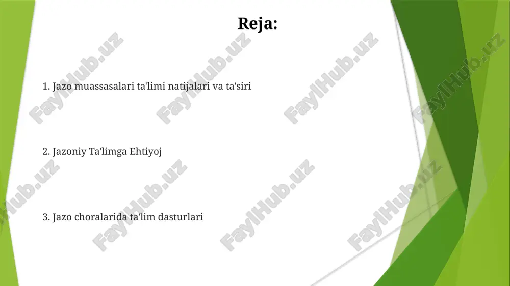rivojlantirishga va muvaffaqiyatli qayta birlashish imkoniyatlarini oshirishga yordam beradi. tuzatish ta'limi reabilitatsiya va qayta jinoyatchilikni kamaytirishda muhim rol o'ynaydi. qamoqda o'tirgan shaxslar uchun ruhiy salomatlik haqida xabardorlik va yordam juda muhim. jazo tarbiya dasturlari turlari kasb-hunar ta'limi: kasb-hunar ko'nikmalari, ishga tayyorgarlik, ishga joylashtirishda yordam. kollej kurslari: assotsiat darajasi, sertifikatlar, bakalavr darajalari (ba'zi hollarda). boshlang'ich ta'lim: savodxonlik, gedga tayyorgarlik, o'rta maktab ekvivalenti. oliy o'quv yurti va o'rtadan keyingi ta'lim ko'pgina muassasalar oliy o'quv yurtlari bilan hamkorlik qilib, oliy ta'lim imkoniyatlarini taqdim etadi. bu dasturlar ishga joylashish imkoniyatlarini oshirish, qayta jinoyatchilik darajasini pasaytirish va ijtimoiy reintegratsiyani yaxshilashga qaratilgan. jazoniy ta'lim dasturlari qamoqda o'tirgan shaxslarga akademik va kasb-hunar kurslarini taklif etadi. jazo tarbiyasi ta'limi qiyinchiliklari. o'qituvchilar tanqisligi malakali o'qituvchilarga kirishni cheklaydi. moliya cheklovlari dasturlar va xodimlar uchun resurslarni cheklaydi. qamoqda o'qiyotgan talabalar orasida sharmanda qilish va motivatsiya etishmasligi muammosini yengish. muvaffaqiyatli tuzatish ta'limi dasturlari va natijalari ishga joylashish imkoniyatlarining oshishi: qamoqxonada o'rganilgan ko'nikmalar …