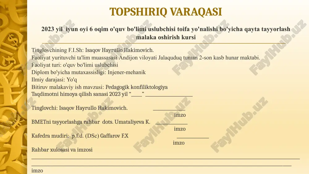 . shu bilan birga yoshlarga hayotdagi konfliktlar bo`yicha keng nazariy va amaliy bilimlar berish orqali yoshlarni jamiyatda mustaqil va faol fuqaro sifatidagi ishtiroki uchun zamin yaratish, boshqa insonlar bilan tabiiy bo`lgan turli ijtimoiy, iqtisodiy, ma`naviy-ruhiy, psixologik muloqotlarda ular ongi, tafakkuri va axloqida kamtarlik, mehribonlik, halollik, samimiylik, to`g`riso`zlik, vijdoniylik, o`z so`zida turish kabi xislatlarni shakllantirishdan iborat. bitiruv malakaviy ishning vazifalari: - gumanitar fanlar sohasi sifatida uning ob`ekti va predmetidagi izlanish va asosiy kategoriyalari haqida talabalarda tasavvurlarni shakllantirish; - pedagogik faoliyatning insonparvarlikka yo`naltirilganligini ochib berish; - konfliktlarni bartaraf etish va oldini olish, echimini topishning asosiy shakl va usullarini egallash; - pedagogik konfliktning qonuniyatlari va omillari haqida to`liq tasavvurni shakllantirish; - pedagogik konfliktli vaziyatlarni tahlil qilish va tushunish, umumiy ilmiy yondashishni aniqlay bilishdan iboratdir. professional ta'lim tizimini ilg'or xorijiy tajribalar asosida takomillashtirish, boshlang'ich, o'rta va o'rta maxsus professional ta'lim bosqichlarini joriy qilish orqali mehnat bozori uchun malakali va raqobatbardosh kadrlar tayyorlash hamda mazkur …