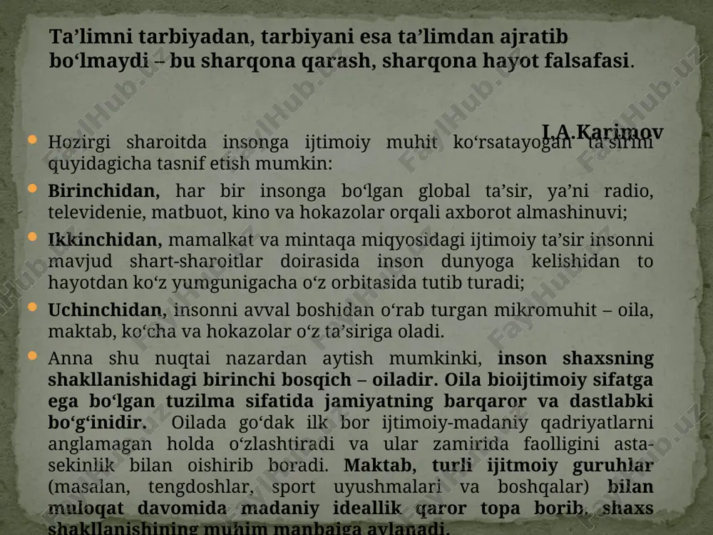 er davri bo‘lib kirib keldi. biroq, fan-texnika qanchalik jadal rivojlanib, jamiyat hayotida muhim joy olib, ishlab chiqarish jarayonlarini tezlashuviga qanchalik samarali ta’sir etmasin, tarbiya nazariyasida shaxsni komil etib tarbiyalash, bu borada markaziy osiyo mutafakkirlari, halq pedagogikasi hamda jahon pedagogikasining ilg‘or fikrlariga tayanib ish ko‘rish zarur bo‘ladi. yoshlarni barkamol inson qilib tarbiyalashda birinchi navbatda sharq mutafakkirlarining qimmatli ma’naviy meroslari muhim dasturil amal ahamiyatiga ega bo‘ladi. muhammad al-horazmiy, abu nasr farobiy, abu ali ibn sino, abu rayhon beruniy, ahmad al-farg‘oniy, imom ismoil al-buhoriy, ahmad yassaviy, bahovuddin nahshband, amir temur, muhammad tarag‘ay ulug‘bek, alisher navoy va zahiriddin muhammad bobur singari olamga mashhur allomalarining ijtimoiy, siyosiy va falsafiy qarashlari barcha zamonlar uchun muhim ahamiyat kasb etadi. o‘z o‘tmish madaniy merosini chuqur o‘rganmagan va e’zozlamagan, ajdod-avlodlari bosib o‘tgan tarixiy yo‘lni idrok etmagan, milliy mustaqillik yo‘lida jon fido qilgan buyuk ajdodlar faoliyatidan habardor bo‘lmagan inson o‘zligini hech hachon anglab etolmaydi. o‘tmish madaniy merosini o‘rganish murakkab jarayoni …