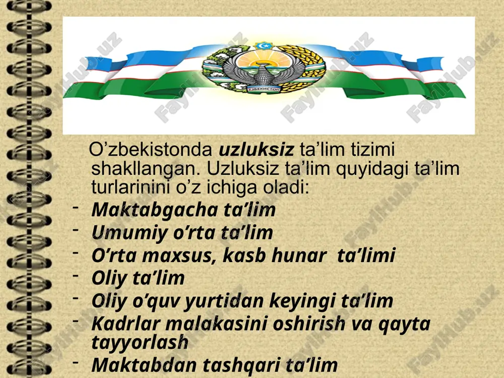 bgacha tarbiya bolalar muassasalarida hamda oilalarda amalga oshiriladi. uning maqsad – vazifalarini ro’yobga chiqarishda mahallalar, jamoat va hayriya tashkilotlari, halqaro fondlar ishtirok etishi mumkin. umumiy o’rta ta’lim – bu to’qqiz yillik (i – ix sinflar) o’qitishdan iborat bo’lgan umumiy o’rta ta’lim – majburiy ta’limdir. bunda ta’lim oluvchilarning fanlar asoslari bo’yicha muntazam bilim olishlarini, ularda bilim o’zlashtirish ehtiyojlarini, asosiy o’quv – ilmiy va umummadaniy bilimlarini, milliy va umumbashariy qadriyatlarga asoslangan ma’naviy – ahloqiy fazilatlarni, mehnat ko’nikmalarini, ijodiy fikrlash va atrof – muhitga ongli munosabatda bo’lishni va kasb tanlashni shakllantiradi. o’rta umumta’lim – uzluksiz majburiy ta’lim bo’lib, unda quyidagi muammolar hal bo’ladi: fanlar asoslari bo’yicha uzluksiz bilim beriladi; mehnat ko’nikmalari shakllanadi; ijodiy fikrlash va atrof muhitga ongli munosabatda bo’lishi o’rgatiladi; kasb tanlash shakllanadi. umumiy o’rta ta’limning dastlabki bosqichi boshlang’ich ta’lim deb nomlanadi. boshlang’ich ta’lim – umumiy o’rta ta’limning dastlabki bosqichi. o’zbekiston respublikasida boshlang’ich ta’lim 1 – 4 sinflarda bolalarga ilk ta’lim berish, …
