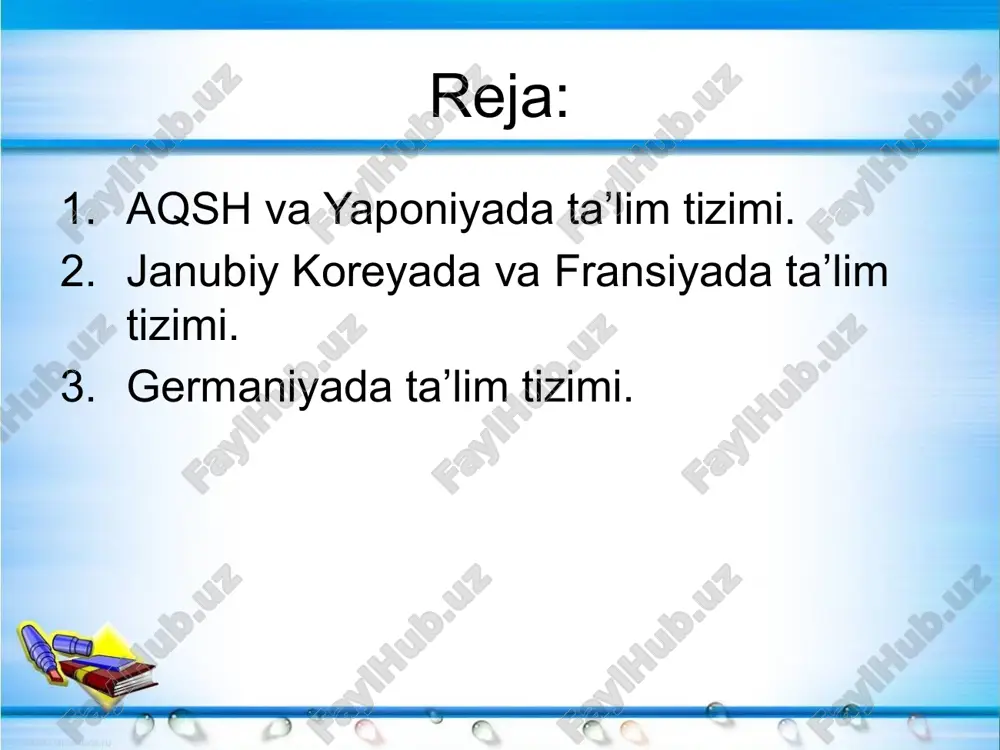 ); akt (amerikan kollej test) sinovlari. sat sinovlari murakkabroq bo’ladi. mashhur universitetlarga kirish uchun sat sinovlarini topshirish shart bo’ladi. bulardan tashqari murakkablashtirilgan sinov ham bor. bu sinovni oliy maktablarga kirayotgan barcha talabalar ham topshirishlari shart emas. mabodo biror talaba shu murakkablashtirilgan sinovlarni topshirib universitetga kirsa, u talabaga maxsus stipendiya beriladi. amerikaning eng katta boyligi — bu aql. aql bu mamlakatda qadrlanadi, aqlli talabalar alohida taqdirlanadi. aqlli, a’lochi talabalar o’quv yurtlarining faxri sanalgani sababli ham, ularga turli yo’llar bilan yordam berish, stipendiyalar tayinlash orqali ularni o’quv yurtlarida saqlashga harakat qiladilar. o’zi tanlagan sohada yutuqlarga erishayotgan talabalar ro’yxati har yili alohida kitobda nashr etilib turiladi. bundan maqsad mazkur soha bilan qiziquvchi kompaniyalarning e’tiborini bo’lajak olimlarga qaratishdir. yaponiyada ta’lim tizimi majburiy ta’lim. ta’limning pog’onasi 6 yoshdan 15 yoshgacha bo’lgan bolalarni o’z ichiga oladi. 6 yillik boshlang’ich ta’lim va 3 yillik kichik o’rta maktab, 9 yillik majburiy ta’limni tashkil etadi va u bepuldir, tekin …