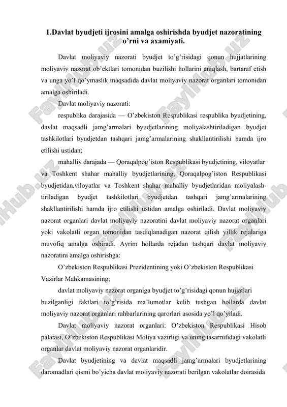 asosida yo’l qo’yiladi. davlat moliyaviy nazorat organlari: o’zbekiston respublikasi hisob palatasi, o’zbekiston respublikasi moliya vazirligi va uning tasarrufidagi vakolatli organlar davlat moliyaviy nazorat organlaridir. davlat byudjetining va davlat maqsadli jamg’armalari byudjetlarining daromadlari qismi bo’yicha davlat moliyaviy nazorati berilgan vakolatlar doirasida davlat soliq xizmati organlari tomonidan amalga oshiriladi. davlat moliyaviy nazorati printsiplari. davlat moliyaviy nazoratini o’tkazishning qonuniyligi va mustaqilligi, shuningdek davlat moliyaviy nazorati natijalarining ishonchliligi va xolisligi davlat moliyaviy nazoratining printsiplaridir. budjet ijrosi jarayoni xaqida axborotlar budjet hisobini tashkil qilish va yuritish orqali shakllantiriladi. bunda, belgilangan budjet tasnifi bo’yicha budjet daromadlari shakllantiriladi va xarajatlar amalga oshiriladi. budjet hisobini alohida xususiyatlaridan biri – budjet ijrosini to’g’ri tashkil etish, moliya budjet intizomiga rioya qilish va nazorat funksiyasini amalga oshirilishidir. nazorat funksiyasi orqali budjet mablag’laridan maqsadli foydalanish, mulklarni saqlanishi va tayinlanishi bo’yicha sarflanishi tizimi yo’lga qo’yiladi. budjet hisobida ham yuqorida qayd etilganidek, nazoratning uch turi qo’llaniladi: i. dastlabki nazorat; ii. joriy nazorat; iii. keyingi …