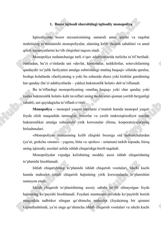 ravishda ko‘paytirib borish maqsadida tadbirkor olingan qo‘shimcha mahsulot (foyda)ning bir qismini kapitallashtiradi, ya’ni unga qo‘shimcha ishlab chiqarish vositalari va ishchi kuchi sotib oladi. bu esa ba’zi bir korxonalarning o‘sishi hamda ishlab chiqarish miqyoslarining kengayishiga olib keladi. shu bilan birga raqobat amaldagi kapitallarning ixtiyoriy yoki majburiy birlashtirish, markazlashtirish tendensiyasini keltirib chiqaradi. shunday qilib, ishlab chiqarish to‘planishining moddiy asosi bo‘lib kapitalning to‘planishi va markazlashuvi hisoblanadi. ishlab chiqarishning to‘planishi o‘z rivojining ma’lum darajasida monopoliyalarning paydo bo‘lishiga olib keladi. ishlab chiqarishning to‘planishi hamda monopoliyalarning paydo bo‘lishi o‘rtasidagi ichki aloqalar quyidagilarda namoyon bo‘ladi: 1) tarmoqlarda bir necha yirik korxonalarning hukmron mavqega ega bo‘lishi ularning bir-biri bilan kelishuviga hamda monopolistik birlashmalar tuzishiga imkon yaratadi; 2) yirik korxonalar o‘rtasidagi raqobat juda qaltis bo‘lib, ular uchun katta miqyosdagi yo‘qotishlarga olib kelishi mumkin. shunga ko‘ra, raqobatni cheklash, tovarlarga yuqori narxlar belgilash va yuqori foyda olish uchun yirik ishlab chiqaruvchilarning monopolistik ittifoqlarga birlashishi lozim bo‘ladi. monopoliyalarning vujudga kelishida ishlab chiqarishning …