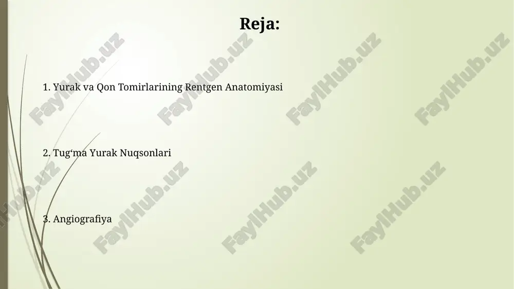 li subtraktiv angiografiya (dsa) texnikasi, ortiqcha to'qimalarning tasvirini olib tashlash orqali, qon tomirlarining aniq tasvirini hosil qiladi va 10-15 ml kontrast modda ishlatiladi. selektiv angiografiya, maxsus kateter yordamida yurak va qon tomirlarining alohida qismlarini kontrast modda bilan to'ldirishni o'z ichiga oladi, bu jarayon 30-60 daqiqa davom etadi. rentgenografiya: normal yurak va qon tomirlari rentgenogrammalarda normal yurak o'lchamlari kattalar uchun kengligi 12-15 sm va uzunligi 10-12 sm ni tashkil etadi, bu yosh va tana tuzilishiga bog'liq. sog'lom yurak rentgenogrammalarida o'pka arteriyasi va aorta qon tomirlarining nisbiy o'lchamlari va shakli aniq ko'rinadi, ularning diametri va tarmoqlanishi baholanadi. angiografiyaning diagnostik ahamiyati va cheklovlari angiografiya yurak va qon tomirlarining anatomiyasini batafsil tasvirlaydi, bu esa jarrohlik yoki kateterizatsiya davolash usullarini rejalashtirishda muhim rol o'ynaydi, shu jumladan, stenoz darajasini aniq o'lchashga imkon beradi. protsеdura invaziv boʻlib, radiatsiya ta'siriga va kontrast moddaga allergik reaksiyalar xavfini oʻz ichiga oladi, shuning uchun bemorlarning 5-10%ida asoratlar kuzatiladi. e'tiboringiz uchun rahmat …