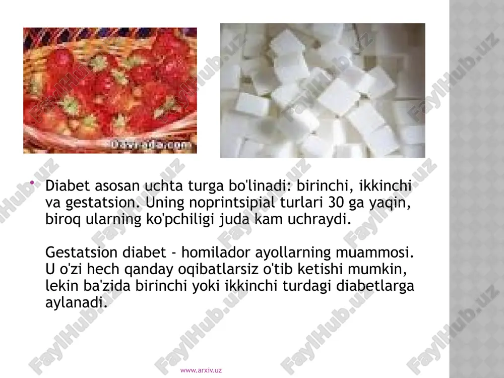 adi, keyin 2-8 yil ichida buyrak yetishmovchiligi rivojlanadi. ilk bor aniqlangan buyrak kasalliklarining 44% diabet bilan bog'liq. www.arxiv.uz * barcha diabetiklarning 60-70 foizi neyropatiyadan - qo'llar va oyoqlardagi og'riqlar va ta'sirchanlikning buzilishidan aziyat chekadilar. neyropatiya, o'z navbatida, qon aylanishidagi buzilishlarga, tuzalmaydigan yaralarga olib keladi. * nihoyat, bu kasallik har qanday infektsion xastalikni yuqtirib olish xavfini oshiradi. davolanmayotgan diabetikning yaralari yaxshi tuzalmaydi, har qanday jarrohliq operatsiyasidan keyin infektsion asoratlarni orttirish xavfi katta bo'ladi, hatto appendiks olib tashlanganidan keyin ham. www.arxiv.uz kasallik alomatlari agar sizda quyida keltirilgan alomatlarning bittasi bo'lsa ham, test o'tkazish zarur. faqat shifokorgina uning birinchi yoki ikkinchi turdagi diabet ekanini aniqlay oladi. 1. muntazam ravishda ochlikni his qilish. 2. vaznning oshishi yoki uning tushunib bo'lmaydigan tarzda (ba'zida keskin) kamayishi. 3. zaiflik va tez toliqib qolish. www.arxiv.uz 4. ko'rish qobiliyatining buzilishi. 5. hatto kichkina yaralarning ham tez tuzalib ketmasligi, yallig'lanishga va teri, milk infektsiyalariga moyillik. 6. qo'llar va oyoqlardagi sanchiqlar …