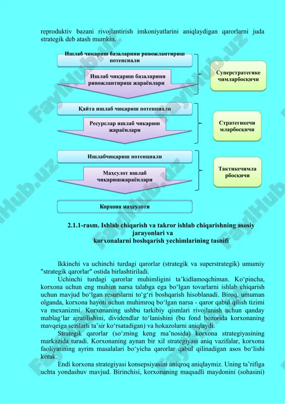 gan edi. qanday qarorlar strategik hisoblanadi? ushbu savolga javob berish uchun siz korxona faoliyatini tashkil etadigan jarayonlarni quyidagicha tasniflashingiz mumkin. korxonada rо‘y beradigan turli xil texnik-iqtisodiy, moliyaviy, ijtimoiy va boshqa jarayonlarni uch guruhga bо‘lish mumkin. · mahsulotlar ishlab chiqarish, ishlarni bajarish va xizmatlarni kо‘rsatishning mavjud potensialidan foydalanish jarayonlari ("ishlab chiqarish"); · korxona potensialini yaratish, qurish va modernizatsiya qilish jarayonlari ("takror ishlab chiqarish"); · korxonaning juda kо‘p reproduktiv bazasini yaratish va rivojlantirishni ta’minlaydigan jarayonlar ("ishlab chiqarishni kо‘paytirish"). ushbu tasnifdan foydalanib, kompaniya rahbariyati darajasida qabul qilingan qarorlarni mos ravishda tuzish mumkin. ishlab chiqarish bazasining mavjud potensialidan foydalanish tо‘g‘risidagi qaror taktik deb tasniflanishi kerak. potensialni shakllantirish (yaratish, tо‘ldirish, о‘zgartirish) jarayonlariga tegishli eng muhim qarorlarni strategik qarorlar bilan taqqoslash mumkin. va nihoyat, reproduktiv bazani rivojlantirish imkoniyatlarini aniqlaydigan qarorlarni juda strategik deb atash mumkin. 2.1.1-rasm. ishlab chiqarish va takror ishlab chiqarishning asosiy jarayonlari va korxonalarni boshqarish yechimlarining tasnifi ikkinchi va uchinchi turdagi qarorlar (strategik va …