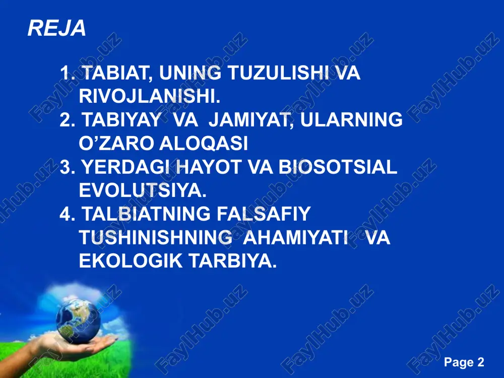 ilan tabiat o’rtasida to’xtovsiz va xilma – xil o’zaro ta’sirlar ro’y bergan. jamiyat va tabiat, inson va yashab turgan muhit o’rtasidagi o’zaro ta’sir muammosi insoniyatning abadiy muammolaridan biridir. falsafiy tafakkurning butun tarixi davomida u turlicha hal qilib kelingan. xviii asrda franstiya sostiologi monteske o’sha davr uchun xos bo’lgan fikrlarni olg`a suradi. u «qonunlar ruhi to’g`risida nomli asarida jamiyat tabiatga to’la ravishda qaramligi to’g`risidagi g`oyani rivojlantirib, «iqlimning hukmronligi barcha kuchlardan ustunroqdir», degan shiorni olg`a suradi. kishilar jamiyatini tabiatga qarshi qo’yadigan, kishilar bilan tabiat o’rtasidagi aloqani istisno qiladigan idealistik qarashlarga qarshi o’laroq tabiat bilan inson o’rtasidagi chambarchas bog`liqlikni asoslash va ko’rsatish muhim ahamiyatga molikdir. tarixga ikki tomondan qarash mumkin, uni tabiat tarixi va insonlar tarixiga bo’lish mumkin. biroq har ikki tomon chambarchas bog`liqdir. insoniyat jamiyati mavjud ekan, tabiat tarixi va insonlar tarixi bir-birini o’zaro quvvatlab turadilar. free powerpoint templates page ‹#› talbiatning falsafiy tushinishning ahamiyati jamiyat va tabiat birligini ta’kidlar ekanmiz, biz …