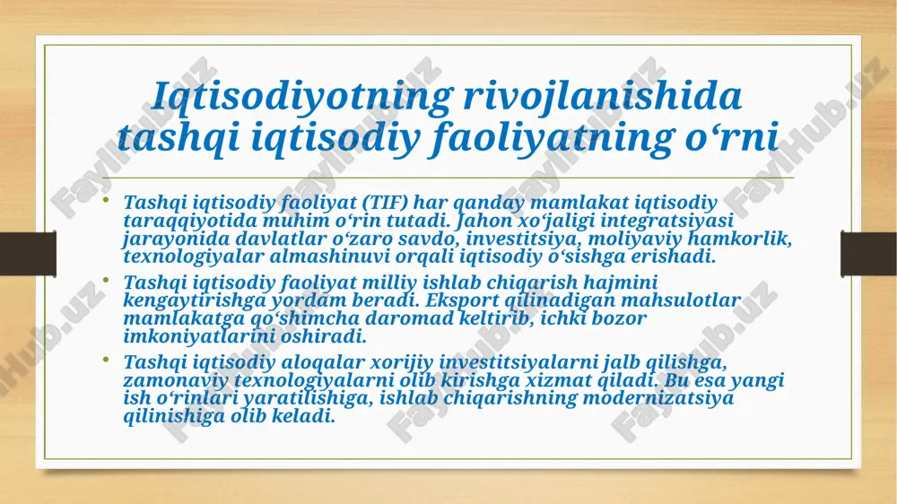 subyektlari uchun tashqi savdo, investitsiya va xalqaro hamkorlikdan olinayotgan iqtisodiy foydani aniqlash jarayonidir. bu baholash iqtisodiyotning rivojlanish istiqbollarini belgilashda muhim ahamiyat kasb etadi. tashqi iqtisodiy samaradorlikni o‘lchashda eksport va import hajmlari, ularning dinamikasi va o‘zaro muvozanati hisobga olinadi. eksportning importdan ustunligi milliy daromadning oshishiga xizmat qiladi. tashqi iqtisodiy faoliyat samaradorligi yalpi ichki mahsulot (yaim) o‘sishi, ishlab chiqarish hajmining kengayishi va milliy valyutaning barqarorligi orqali namoyon bo‘ladi. xorijiy investitsiyalar oqimi, texnologiyalar transferi, yangi ish o‘rinlarining yaratilishi va ishlab chiqarishning modernizatsiya qilinishi tashqi iqtisodiy aloqalarning bevosita samaradorlik ko‘rsatkichlaridan hisoblanadi. tashqi iqtisodiy faoliyat samaradorligini aniqlashda xalqaro savdodan olinadigan foyda, bojxona tushumlari, tashqi qarzlarning qisqarishi va valyuta zaxiralarining ko‘payishi ham muhim o‘rin tutadi. tashqi iqtisodiy faoliyatning samaradorligini baholash orqali davlat va korxonalar o‘z strategiyasini to‘g‘ri belgilaydi, ichki bozorni himoya qiladi, xalqaro raqobatda barqaror o‘rin egallash imkoniyatiga ega bo‘ladi. xulosa: tashqi iqtisodiy faoliyat har qanday mamlakat iqtisodiy taraqqiyotining ajralmas qismi hisoblanadi. u nafaqat milliy ishlab …