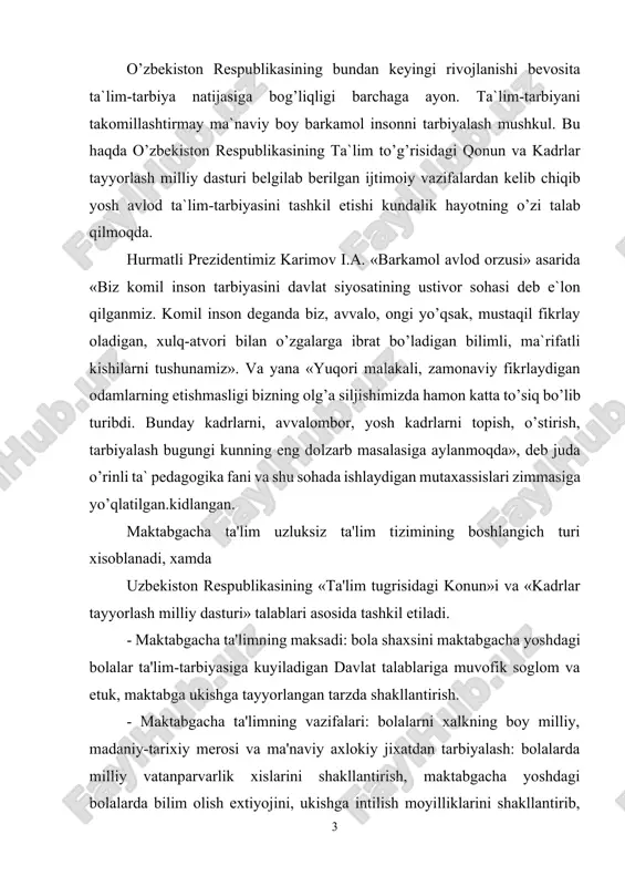 atdan tarbiyalash: bolalarda milliy vatanparvarlik xislarini shakllantirish, maktabgacha yoshdagi bolalarda bilim olish extiyojini, ukishga intilish moyilliklarini shakllantirib, ularni muntazam ravishda ta'lim jarayoniga tayyorlash, bolalarning tafakkurini rivojlantirish, uzining fikrini mustakil va erkin ifodalash malakalarini shakllantirish, bolalarning jismoniy va ruxiy sogligini ta'minlashdan iborat. maktabgacha yoshdagi bolalarni rivojlantirish va maktabga tayyorlash jarayoni oldiga kuyilgan maksad va vazifalarning bajarilishi «maktabgacha yoshdagi bolalar ta'lim-tarbiyasiga kuyiladigan davlat talablari» orkali nazorat kilinadi. davlat talablaridan maktabgacha yoshdagi bolalarga bеriladigan ta'lim-tarbiya mazmunining asosiy yunalishlari xamda ularning maktabga tayyorgarlik darajasiga kuyiladigan minimal talablar bеlgilab bеrilgan bulib u davlat xujjati sifatida e'tirof etiladi. bolalarni rivojlantirish va maktabga tayyorlash jarayoni oldiga kuyilgan maksad va vazifalarning bajarilishiga erishish «bolalarni rivojlantirish va maktabga tayyorlash» tayanch dasturi asosida amalga oshiriladi. «ta'lim tugrisida»gi konun xamda «kadrlar tayyorlash milliy dasturi»da mamlakatning ijtimoiy-iktisodiy tarakkiyotini ta'limning asosiy omili bulgan kadrlarni tayyorlash borasidagi eng zarur tadbirlar tizimi bеlgilab bеrilgan. soglom avlodni tarbiyalash davlat va jamiyatning ustivor yunalishidir. davlat talablari asosida …