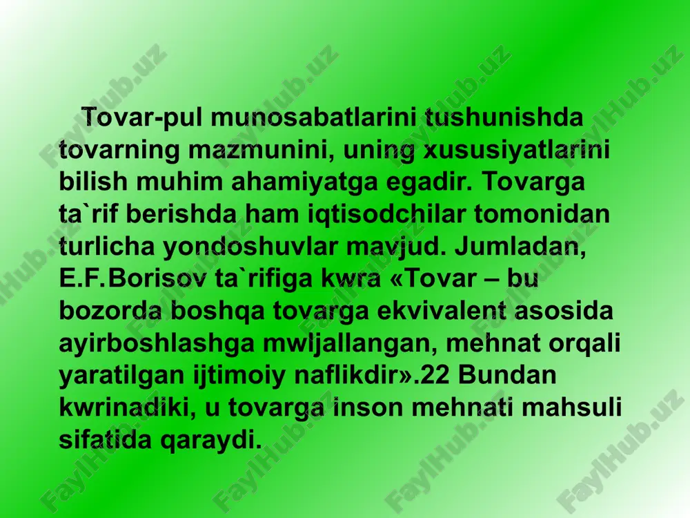 bir tomondan, bu – muayyan turdagi aniq mehnatdir. shuning uchun, iste`mol qiymatni yaratgan mehnat aniq mehnat deb nom olgan qiymatning mehnat nazariyasi. bu nazariyaning asoschilari bo’lib uil`yam petti, adam smit, david rikardolar hisoblanadi. qiymatning mehnat nazariyasi tarafdorlari tovar ishlab chiqarish sharoitda tovar ishlab chiqaruvchilar o’rtasidagi aloqalarni, ijtimoiy mehnatni taqsimlash va rag`batlantirishni tartibga soluvchi, ob`ektiv qiymat qonunini mavjud bwlishini tan oladi. ular fikriga kwra, bu qonunga binoan tovar ishlab chiqarish va ayirboshlash ularning qiymati asosida amalga oshiriladi. talab = taklif bwlgan holda: narx = qiymat. talab > taklif bwlgan holda: narx > qiymat. talab < taklif bwlgan holda: narx < qiymat. qiymat qonunining tartibga solib turuvchi mexanizmi rakobat kurashi natijasida bozor narxlarining stixiyali ravishda tebranib turishidan, ularning ijtimoiy qiymatdan farq qilib turishidan iborat. tovar narxining ijtimoiy qiymatidan chetga chiqish shart-sharoitlari quyidagilardan iborat deb hisoblanadi: pul uzoq zamonlardan beri odamlarga ma`lum. pulning kelib chiqishi turli nazariyotchilar tomonidan tovar ayirboshlash jarayonining rivojlanishi bilan …
