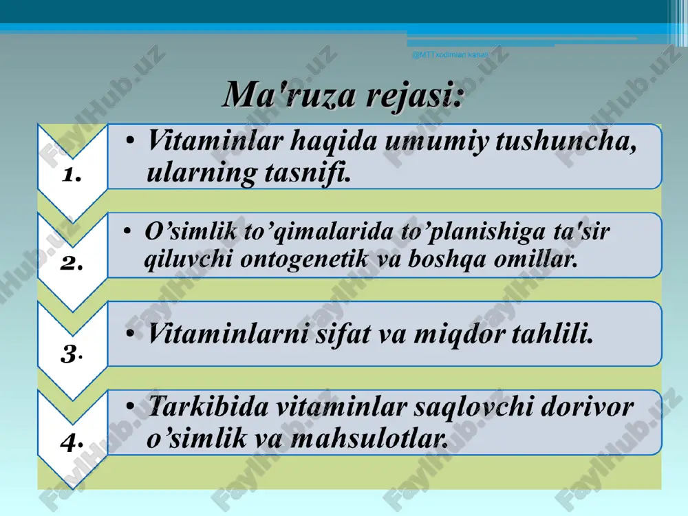 ali * karotinga boy dorivor o’simliklar va mahsulotlar chakanda mеvasi va moyi tirnoqgul guli @mttxodimlari kanali @mttxodimlari kanali vitamin k1 saqlovchi dorivor o’simlik va mahsulotlar gazanda bargi makkajo’xori onalik gulining ustunchasi bilan og’izchasi @mttxodimlari kanali @mttxodimlari kanali bozulbang guli jag’ - jag’ yеr ustki qismi @mttxodimlari kanali @mttxodimlari kanali suvda eruvchi vitaminlar аскорбин кислота (витамин с) рангсиз, сувда яхши, спиртда ёмонроқ эрийдиган кристалл модда. ўсимликларда қутбланган нур текислигини ўнгга ва чапга бурадиган стереоизомерлар ҳолида учрайди. ўнгга бурувчи изомерининг биологик таъсири анча кучсиз. @mttxodimlari kanali @mttxodimlari kanali suvda eruvchi vitaminlar saqlovchi dorivor o’simliklar tahlili askorbin kislotani sifat rеaktsiyasi yordamida aniqlash etilatsеtat - konts. sirka kislotaning 80:20 2,6-dixlorfеnolindofе-nolyat natriyning suvdagi 0,04% li (yoki 0,001n) eritmasi purkaladi. @mttxodimlari kanali @mttxodimlari kanali askorbin kislota miqdorini aniqlash (xi df) bunda, a- titrlash uchun ketgan 0,001 mol/l 2,6-dixlorfenolindofenolyat natriy eritmasi; f- yuqoridagi eritmani to’g’rilash omili; b- mahsulotdan tayorlangan ajratmani ml miqdori; c- titrlash uchun olingan ajratmani …
