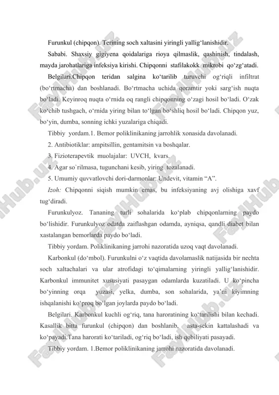 pasayadi. tibbiy yordam. 1.bemor poliklinikaning jarrohi nazoratida davolanadi. 2.og`riq kuchli bo`lsa analgin (baralgin) - 1ml muskul orasiga, yoki 1 tab. ichishga. 3. furunkulga o`xshash tadbirlar. gidradenit. ter bezlari, ayniqsa qo‘ltiq osti sohasidagi ter bezlarining o‘tkir yiringli yalig‘lanishidir (xalq tilida «it emchagi» deyiladi). sababi. terining mayda jarohatlariga infeksiya kirishi tufayli ter bezlarining yiringli yallig‘lanishi yuzaga keladi. belgilari. qo‘ltiqda ko‘kimtir qizg‘ish rangli silliq yuzali kichkina yallig‘lanish infiltrati paydo bo‘ladi. keyinchalik uning yonidan shunday tuzilmalardan yana bir nechtasi chiqadi. ular birga qo‘shilib yaxlit infiltrat (donacha) hosil qilishi mumkin. infiltratning ba’zi joyi yumshab, teshilib (yorilib) yiringli suyuqlik oqadi. tibbiy yordam. 1.og‘riq qoldiruvchi dorilar: analgin (baralgin) tabletka yoki muskul orasiga. 2.spirt (aroq) bilan artiladi. 3.antibiotiklar- ampitsillin, ampioks, sefamizin kabilar muskul orasiga va yiringli infiltrat atrofiga in`yeksiya qilinadi. 4.fizioterapevtik muolajalar. 5.poliklinikaning jarrohi nazoratida davolanadi. abssess. teri osti yumshoq to‘qimasining yiringlashi tufayli paydo bo‘ladigan yiringli xaltacha. sababi.terining tirnalgan, ishqalangan, zirapcha kirgan, sterillanmagan igna bilan in`yeksiya qilingan joylariga …