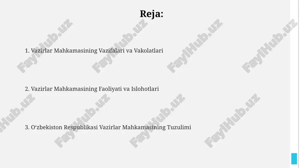 oladi. islohotlar va yangilanishlar korrupsiyaga qarshi kurash doirasida 2022-2023 yillarda 500 dan ziyod korrupsion jinoyatlar aniqlanib, tegishli choralar ko'rilgan. davlat xizmatlarini yanada soddalashtirish maqsadida 2024 yilga kelib, 150 dan ortiq davlat xizmatlari onlayn platforma orqali ko'rsatilishi rejalashtirilgan. “islohotlar va yangilanishlar” strategiyasi doirasida 2023 yilda 100 dan ortiq qonun hujjatlari qabul qilinib, ishbilarmonlik muhitini yaxshilashga qaratilgan. vazirlarning vazifalari va vakolatlari vazirlar tegishli vazirliklarning faoliyatini nazorat qilib, 15 dan ortiq bo'limlarni boshqarish, byudjet mablag'larini taqsimlash va kamida 3 yillik strategik rejalashtirish bo'yicha vakolatlarga ega. har bir vazir o'z vazirligi doirasida 50 dan ortiq qarorlarni qabul qilish, ijro etish va ularning bajarilishini nazorat qilish, shuningdek, qonun hujjatlariga muvofiq vakolatlarga ega. vazirlar mahkamasining qarorlarini bajarishda, kamida 2 ta tegishli davlat organlari bilan birgalikda ish olib borish va yil davomida 10 dan ortiq hisobotlarni taqdim etish vazifasi yuklatilgan. iqtisodiyotni rivojlantirishdagi roli mahkama tarkibidagi tegishli vazirliklar va qoʻmitalar oʻrtasidagi muvofiqlashtirilgan faoliyat, masalan, infratuzilmani rivojlantirish boʻyicha budjet …
