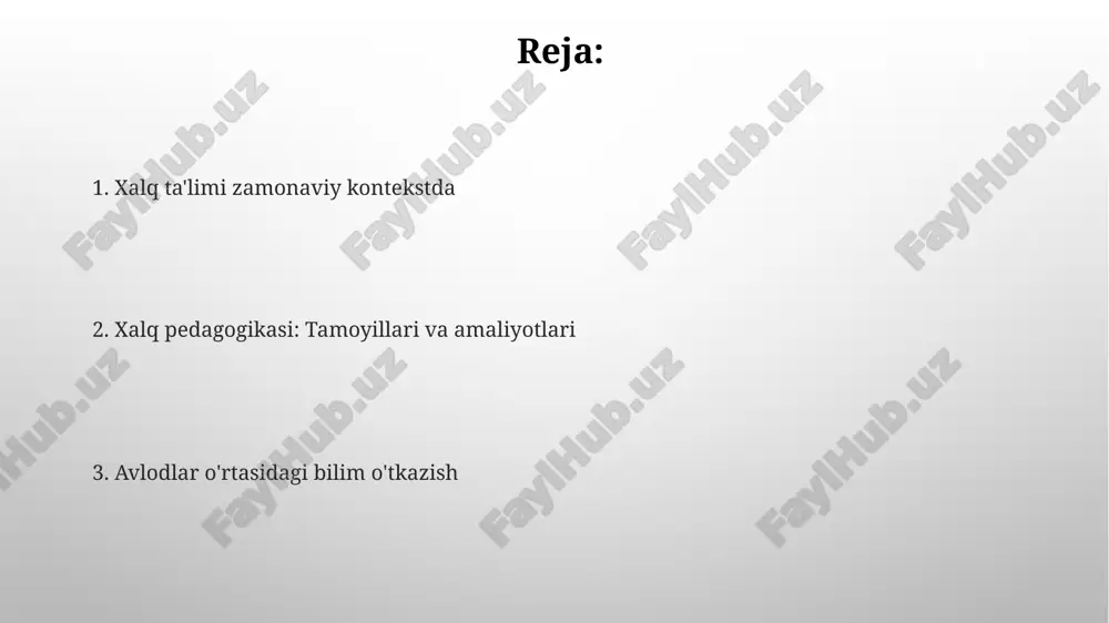 lq an'analari saqlanishi va tiklanishi xalq ta'limi madaniy o'zlikni shakllantirish, ijtimoiy yaxlitlikni mustahkamlash va an'anaviy bilimlarni avloddan avlodga o'tkazishda muhim rol o'ynaydi. xalq pedagogikasi an'anaviy bilimlar va ko'nikmalarni uzatishda tajriba o'rganish, hikoya aytib berish va jamoatchilik ishtiroki usullariga e'tibor beradi. texnologiyaning xalq ta'limi ustida ta'siri texnologiya xalq bilimlarini avloddan avlodga o'tkazish va saqlab qolishda yordam beradi va bu bilimlar davomli bo'lishini ta'minlaydi. texnologiya bilimga kirishni demokratiyalashtirdi va xalq ta'limi qamrovini kengaytirdi. xalq pedagogikasining zamonaviy qo'llanilishi. xalq pedagogikasi bilimlarni uzatish uchun ertaklar, tajriba orqali o'rganish, ustozlik va amaliy mashg'ulotlarga tayanadi. zamonaviy qo'llanmalar: xalq pedagogikasi an'anaviy bilimlar, ko'nikmalar va qadriyatlarni o'quv dasturlariga qo'shish orqali zamonaviy ta'limni boyitadi. xalq pedagogikasining kelajagi xalq pedagogikasidagi ta'lim usullari: norasmiy ta'lim muhitlarida qo'llaniladigan turli xil amaliyotlar, texnikalar va vositalarni o'rganish. xalq pedagogikasining kelajagi: tez o'zgarib turuvchi dunyoda an'anaviy bilim uzatishning evolyutsiyasi va moslashuvini o'rganish. xalq pedagogikasini ta'riflash xalq pedagogikasidagi ta'lim usullari: kuzatish, taqlid qilish, hikoya qilish, amaliy …