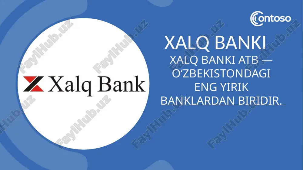 mlakat iqtisodiyotining pul-kredit sohasidagi islohotlar jarayonida hukumatning moliya agenti sifatida faoliyat yuritib, zimmasiga yuklangan masʼuliyatli vazifalarni muvaffaqiyatli tarzda ado etib kelmoqda. 5 5 xizmat tarmoqlari bugungi kunda, xalq banki o‘zbekiston bank tizimining muhim bo‘g‘ini hisoblanadi. 196 ta hududiy va tuman (shahar) filiallari, 106 ta „bank xizmatlar markazi“, 3 000 dan ortiq kassalar; 355 ta 24/7/365 — rejimida ishlaydigan „elektron ofislar“ faoliyat yuritmoqda. 6 mijozlarga sifatli xizmat ko‘rsatishni tashkil etish uchun bankomatlar sonini oshirish va ularning doimiy ishchi holatda bo‘lishini taʼminlash maqsadida alohida tarkibiy bo‘linma tashkil etilgan va bugungi kunda respublika bo‘yicha joylarda 1 289 ta bankomatlar faoliyat yuritmoqda. раздел 01 раздел 02 6 сравнение 02 eng zamonaviy xalqaro standartlarga javob beradigan bank mahsulotlari va xizmatlarining ko‘lami va hajmlarini kengaytirish, shuningdek, ulardan butun yurtimiz bo‘ylab foydalanish imkoniyatini taʼminlash orqali davlatning yetakchi universal banki bo‘lish; 7 xalq banki quyidagi talablarga javob berishga intiladi: xodimlar faoliyati uyg‘unligini taʼminlash va ularning shaxsiy va kasbiy …