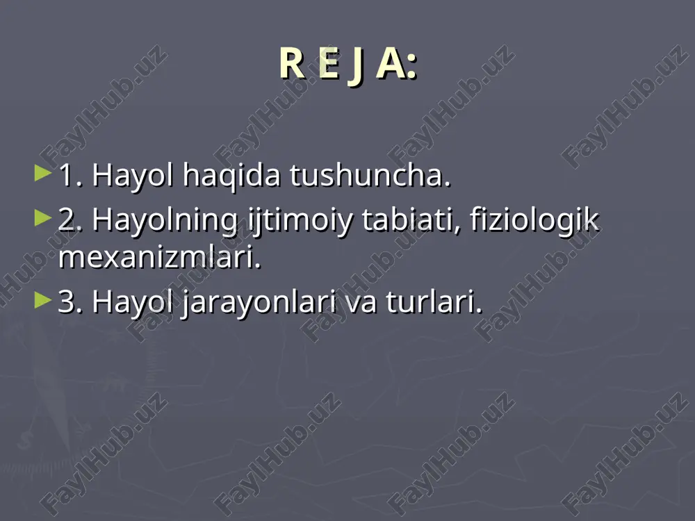 m-limbik (uning qadimsgi po`stloq va po`stoq osti qismlari bilan bog`lanishi miya yarim sharlarga chiqaverishda oldingi qismi atrofida «limb» yoki chegara hosil bo`ladi) sistemadir. eksprimentlardan shu narsa aniqlagandiki, gipotalam - limbik sistema zararlanganda, kishi psixikasida o`ziga xos buzilishi sodir bo`ladi: odamning xatti-harakatlari guyo ma’lum programma bilan boshqarilayotgan va bir biri bilan bog`lanmagan alohida-alohida shu bilan birga o`z-o`ziga etarli darajada murakkab va bir butun harakatlardan iboratdek tasavvur tug`iladi. hayolning turlari tushlar – uyquda yuzaga keladigan ixtiyorsiz obrazlar bo`lib, ular tez unitilishi yoki uzoq muddatga saqlanishi mumkin. orzu – inson ongidagi real va noreal tasavvurlar bilan bog`liqdir. aktiv hayol – insonning hayotiy rejalarini, xohish – istaklarini amalga oshirishda o`z aksini topadi. masalan: yangi avtomabil yaratish, gess qurilishi rejasini tuzish shularga misoldir. reproduktiv hayolda aniq real vazifani amalga oshirish maqsad qilib qo`yiladi. unda fantaziya elementlari mavjud bo`ladi. produktiv (ijodiy) hayol - bizning tajribamizda mavjud bo`lmagan obraz va ob’ektlarni yaratish bilan bog`liq bo`lgan hayol turidir. …
